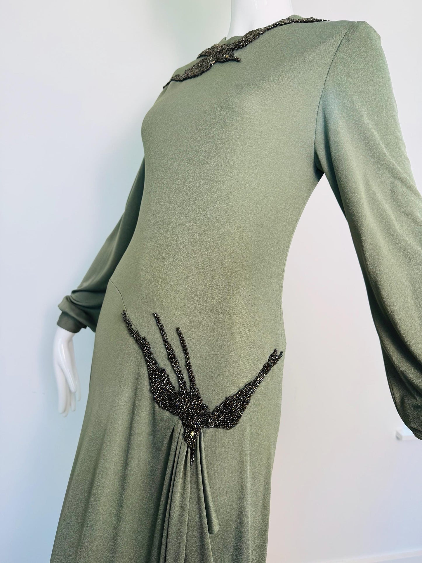 70s John Anthony Silk Jersey Hand Beaded Surrealist Bird Gown