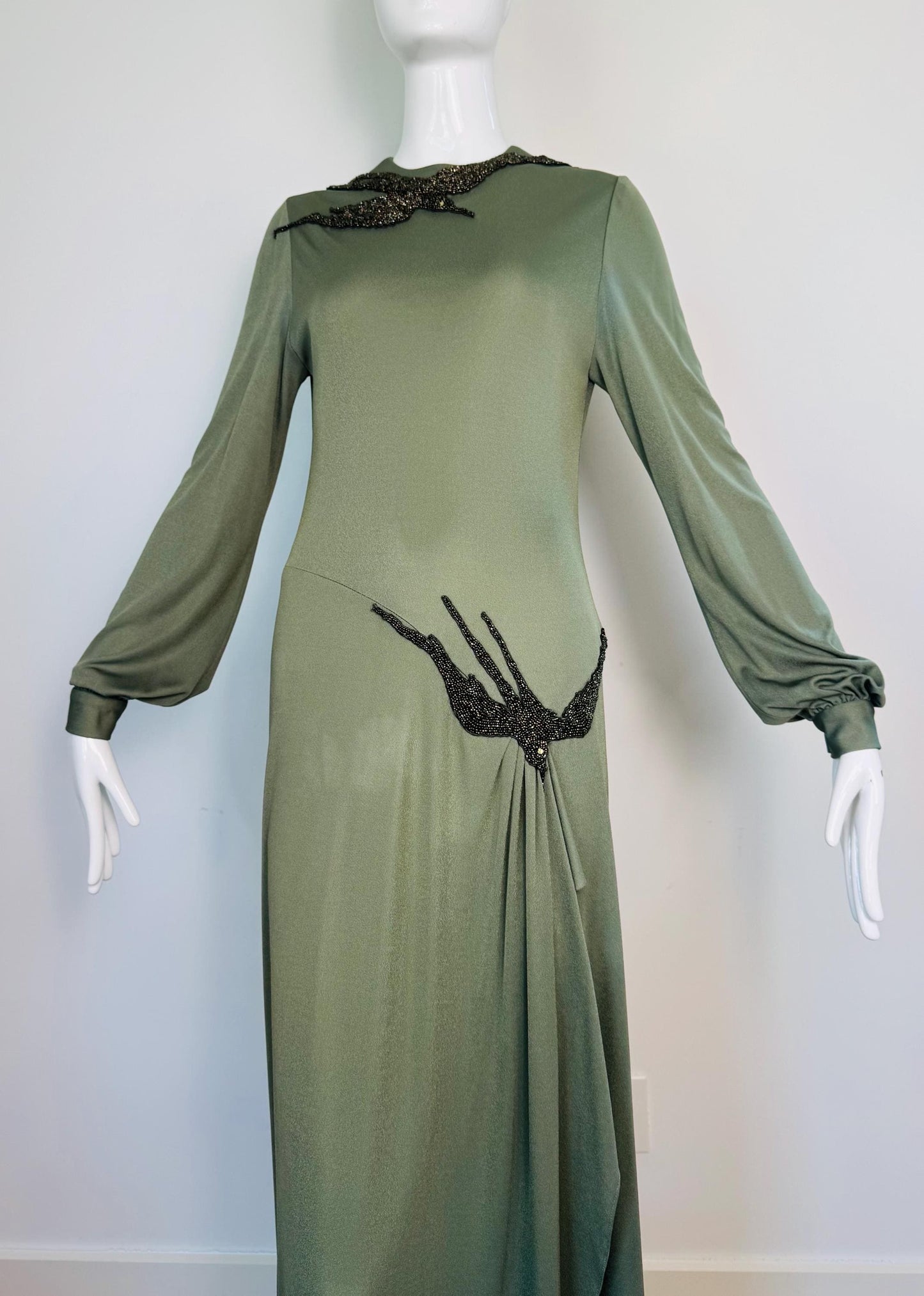 70s John Anthony Silk Jersey Hand Beaded Surrealist Bird Gown