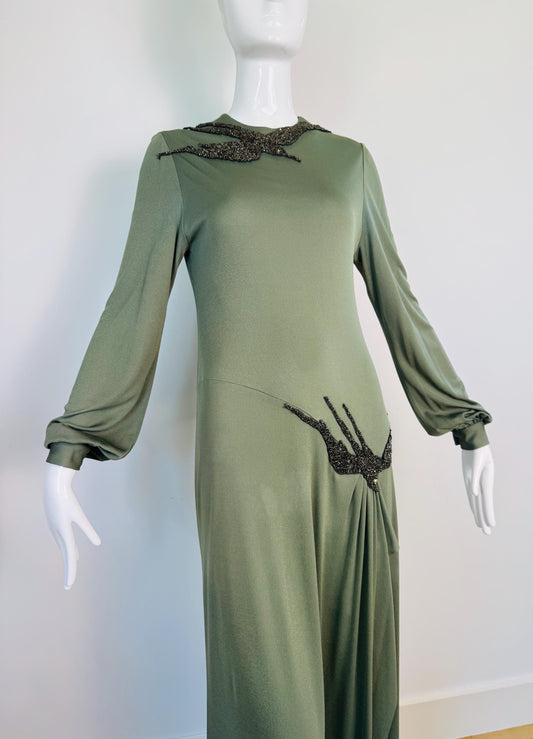 70s John Anthony Silk Jersey Hand Beaded Surrealist Bird Gown