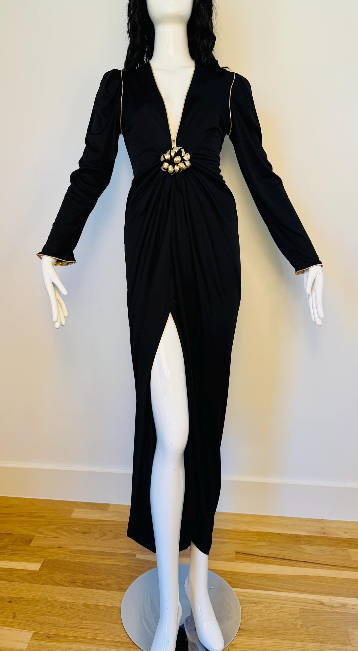 Disco Era Bill Tice Plunging Black and Gold Gown