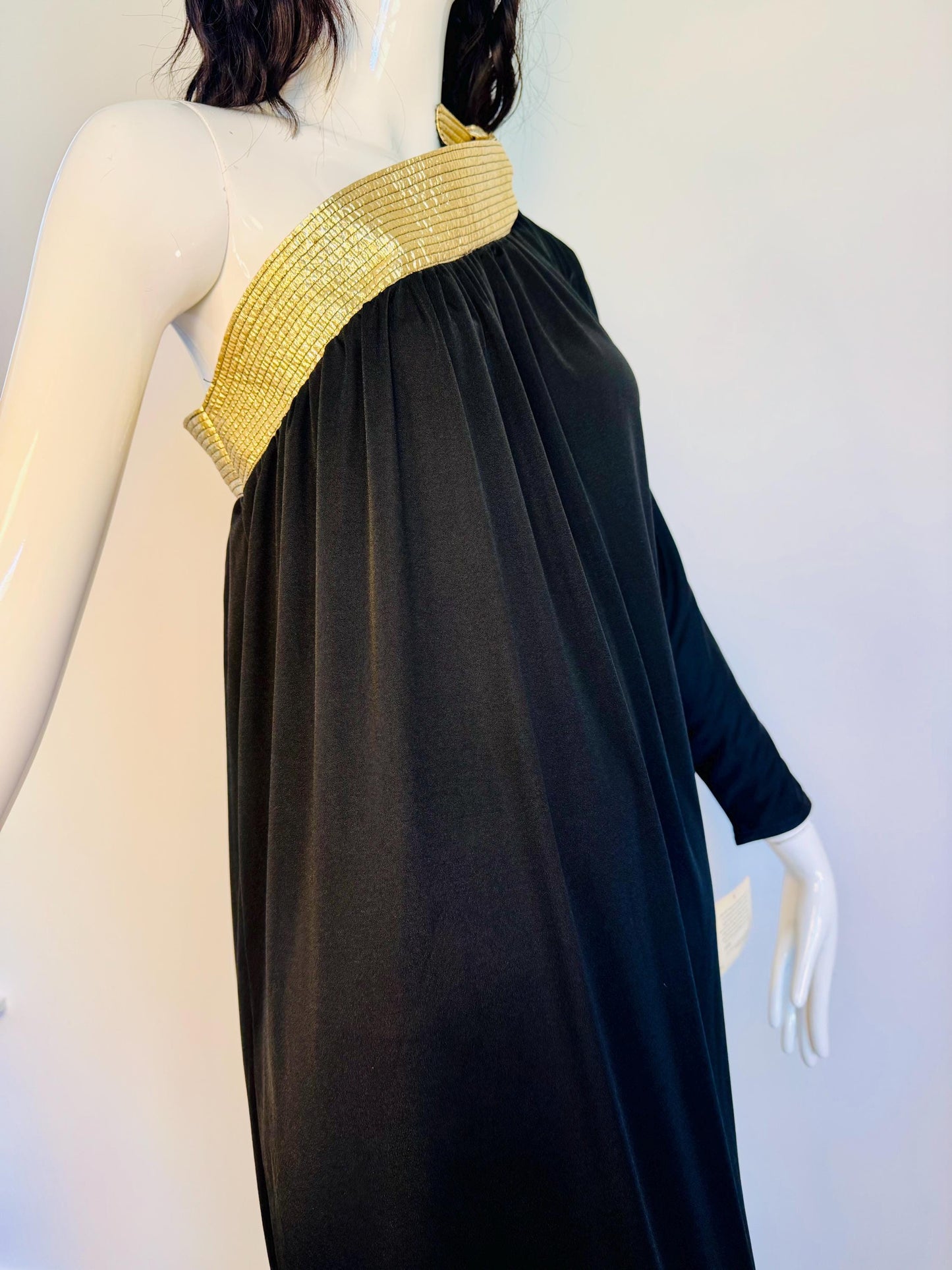 Disco Era Bill Tice One Shoulder Black and Gold Gown NWT