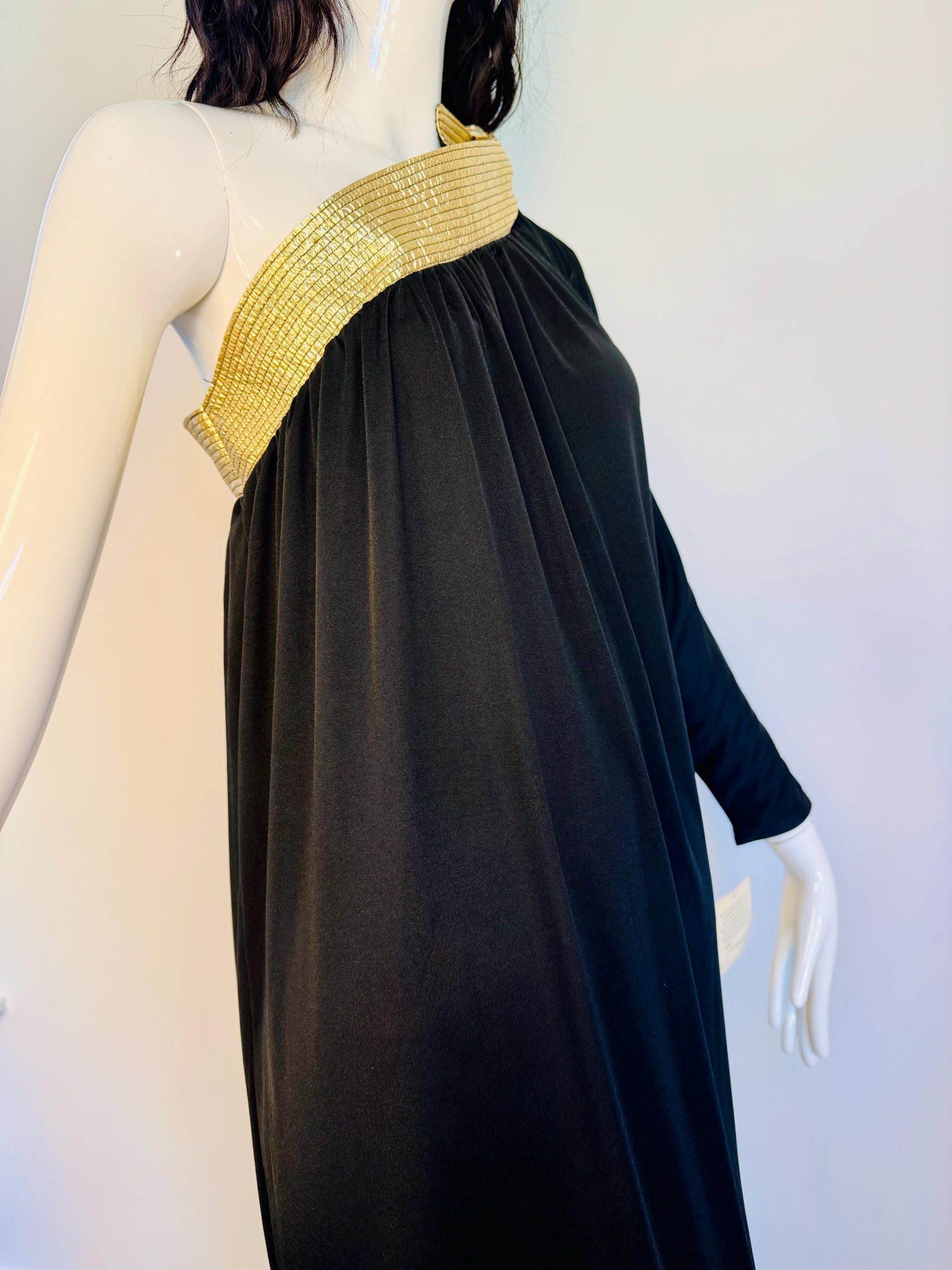 Disco Era Bill Tice One Shoulder Black and Gold Gown NWT