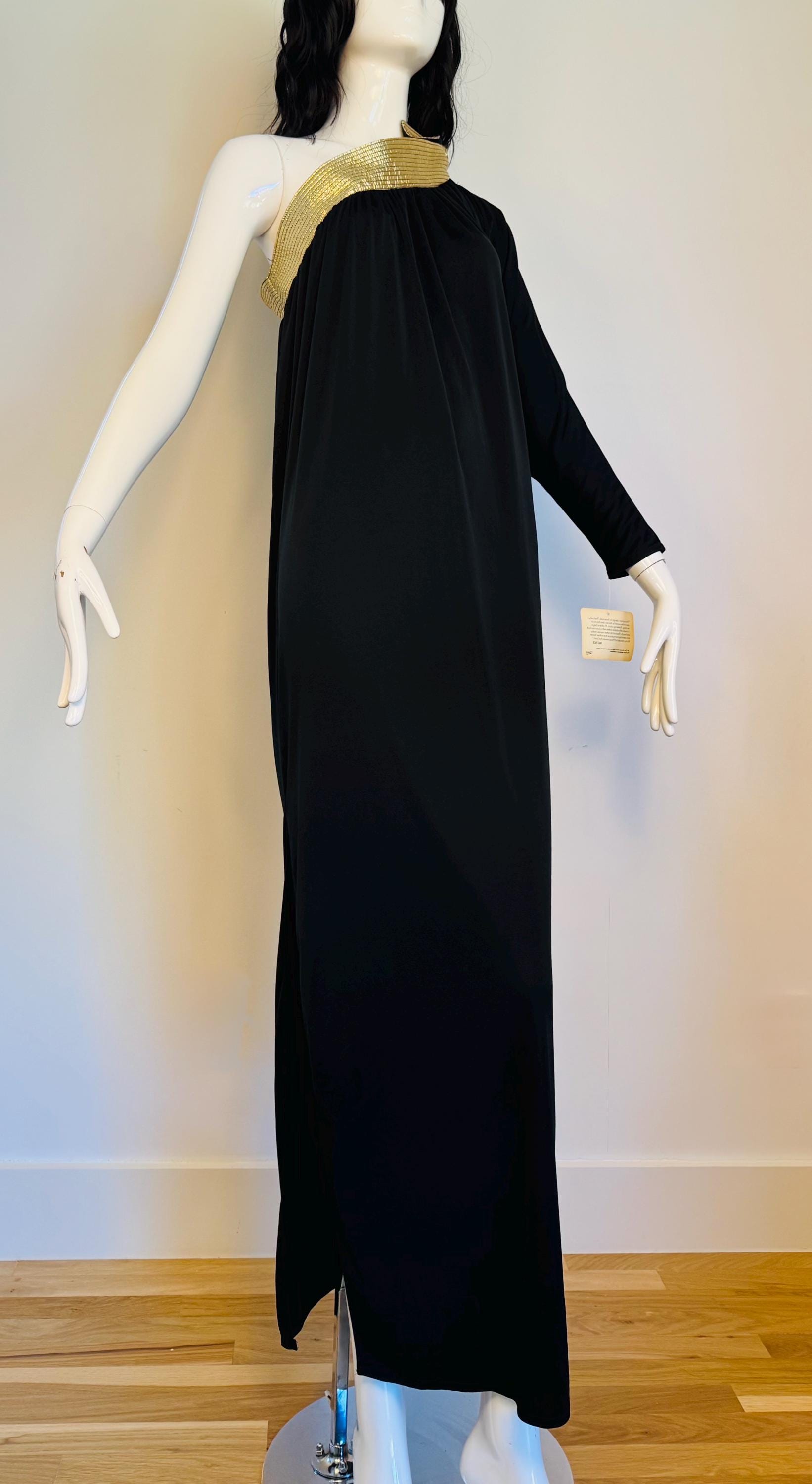 Disco Era Bill Tice One Shoulder Black and Gold Gown NWT