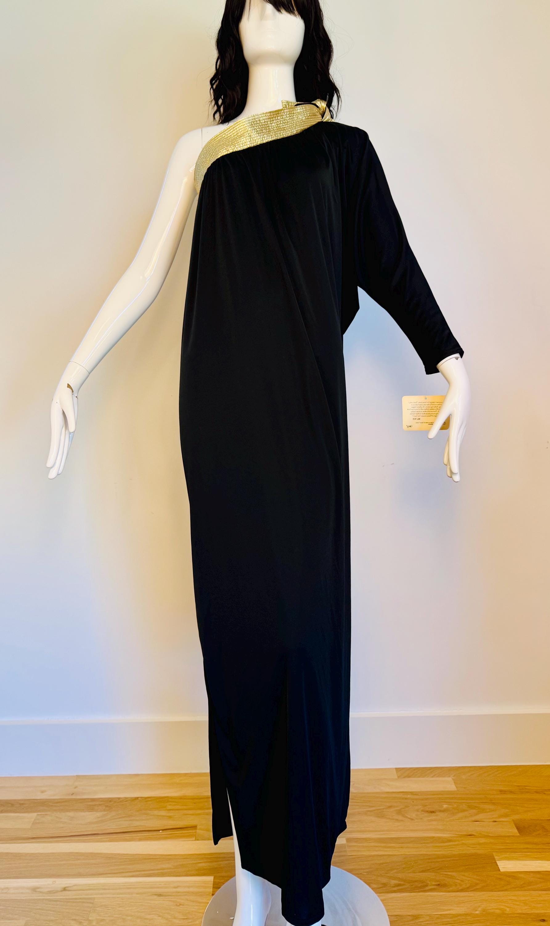 Disco Era Bill Tice One Shoulder Black and Gold Gown NWT