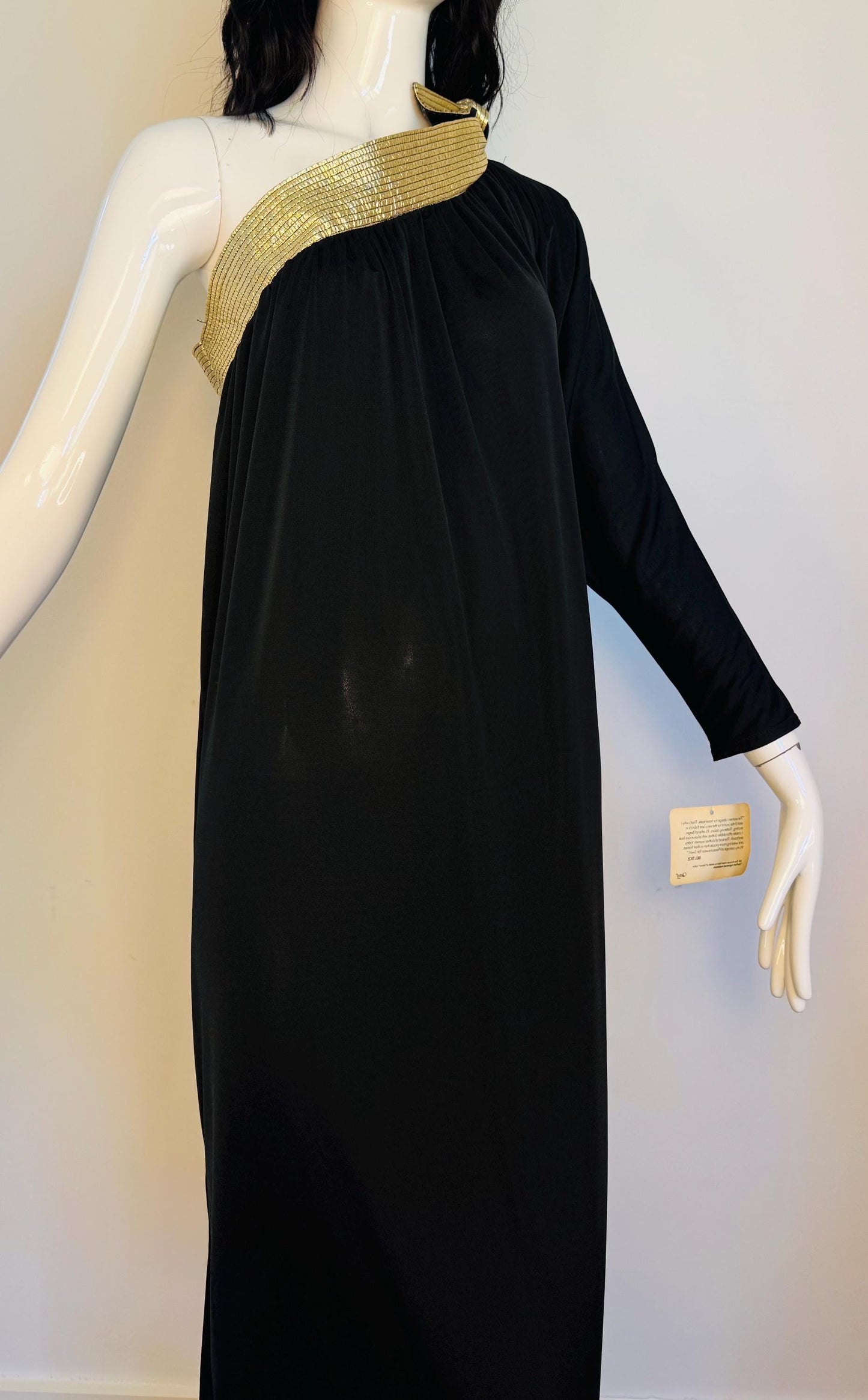 Disco Era Bill Tice One Shoulder Black and Gold Gown NWT