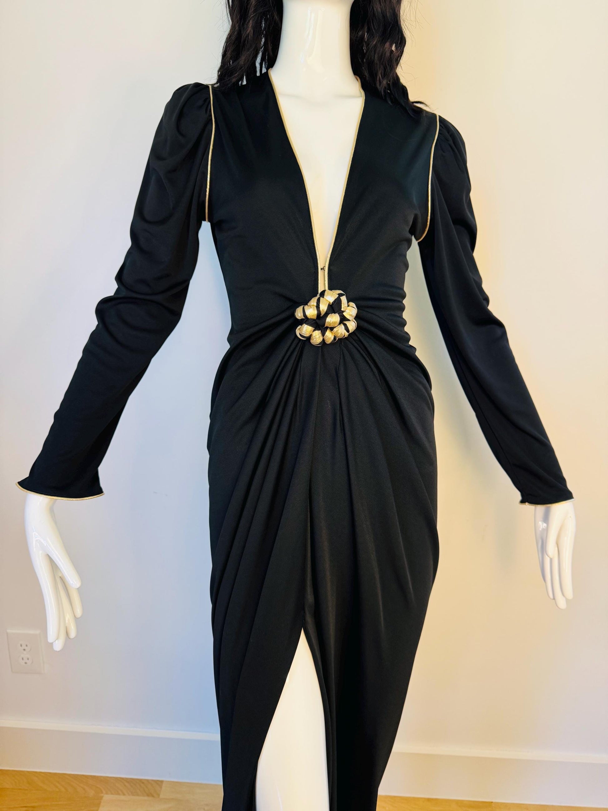 Disco Era Bill Tice Plunging Black and Gold Gown
