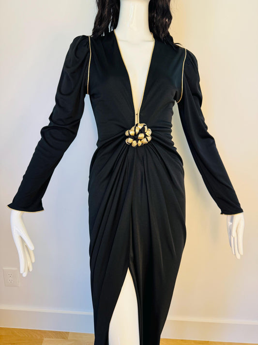 Disco Era Bill Tice Plunging Black and Gold Gown