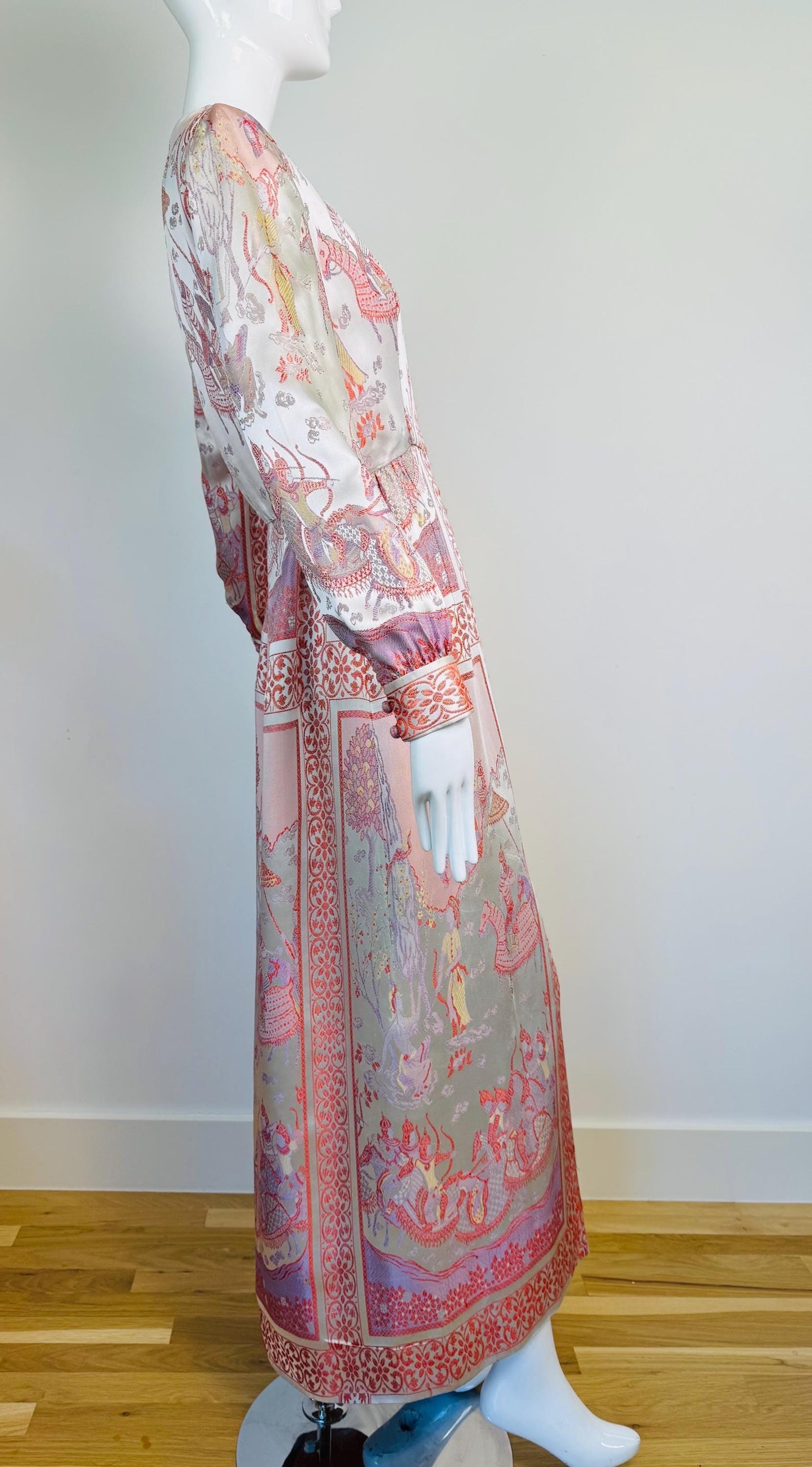 Rare 60s Jon Mandl Silk Jacquard Asian Floral Gown