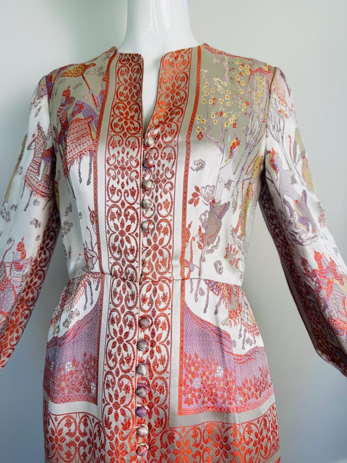 Rare 60s Jon Mandl Silk Jacquard Asian Floral Gown