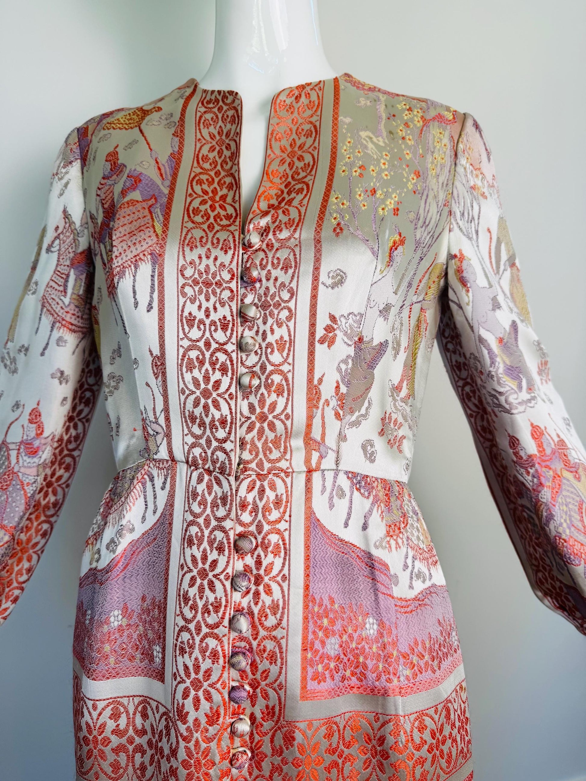 Rare 60s Jon Mandl Silk Jacquard Asian Floral Gown
