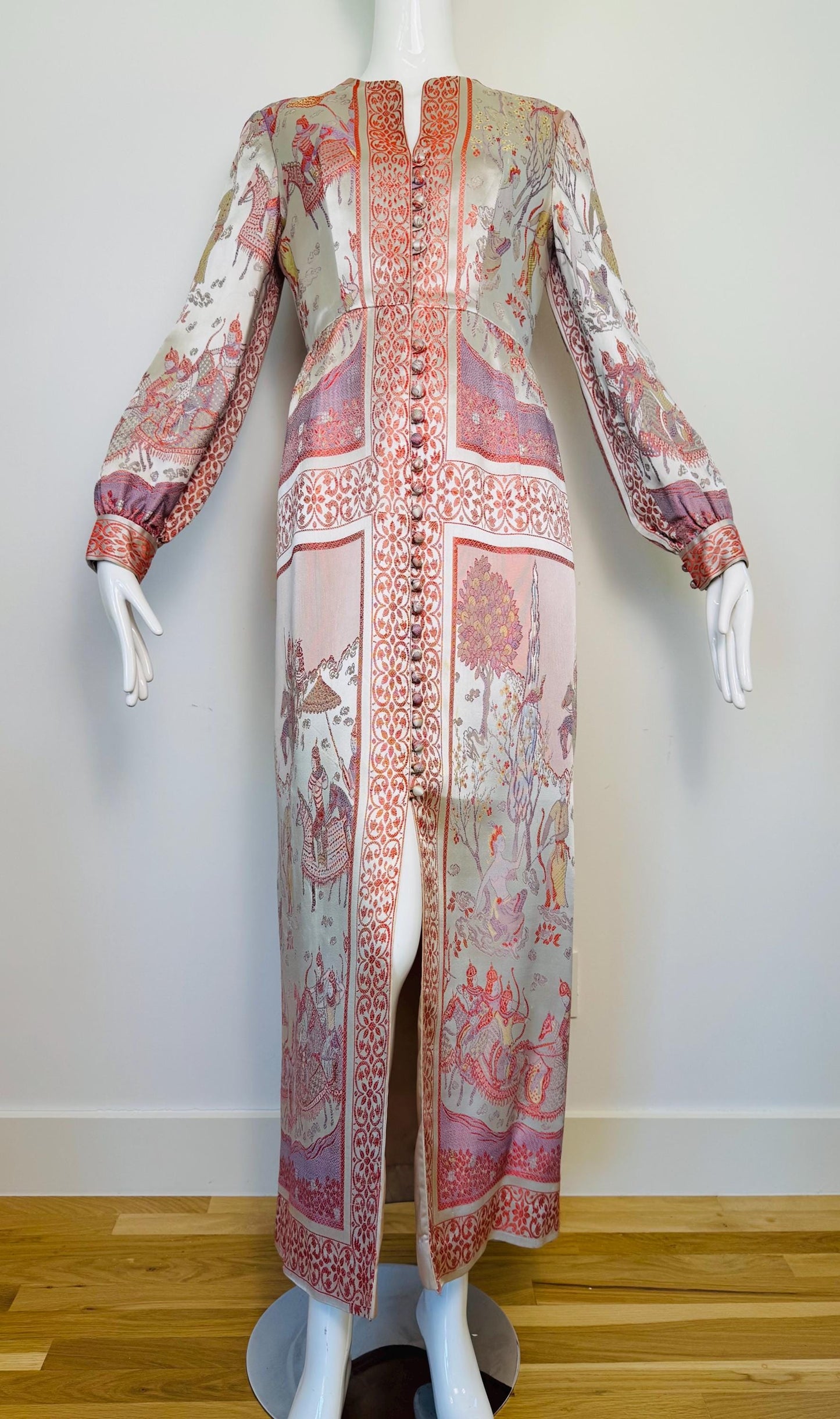 Rare 60s Jon Mandl Silk Jacquard Asian Floral Gown