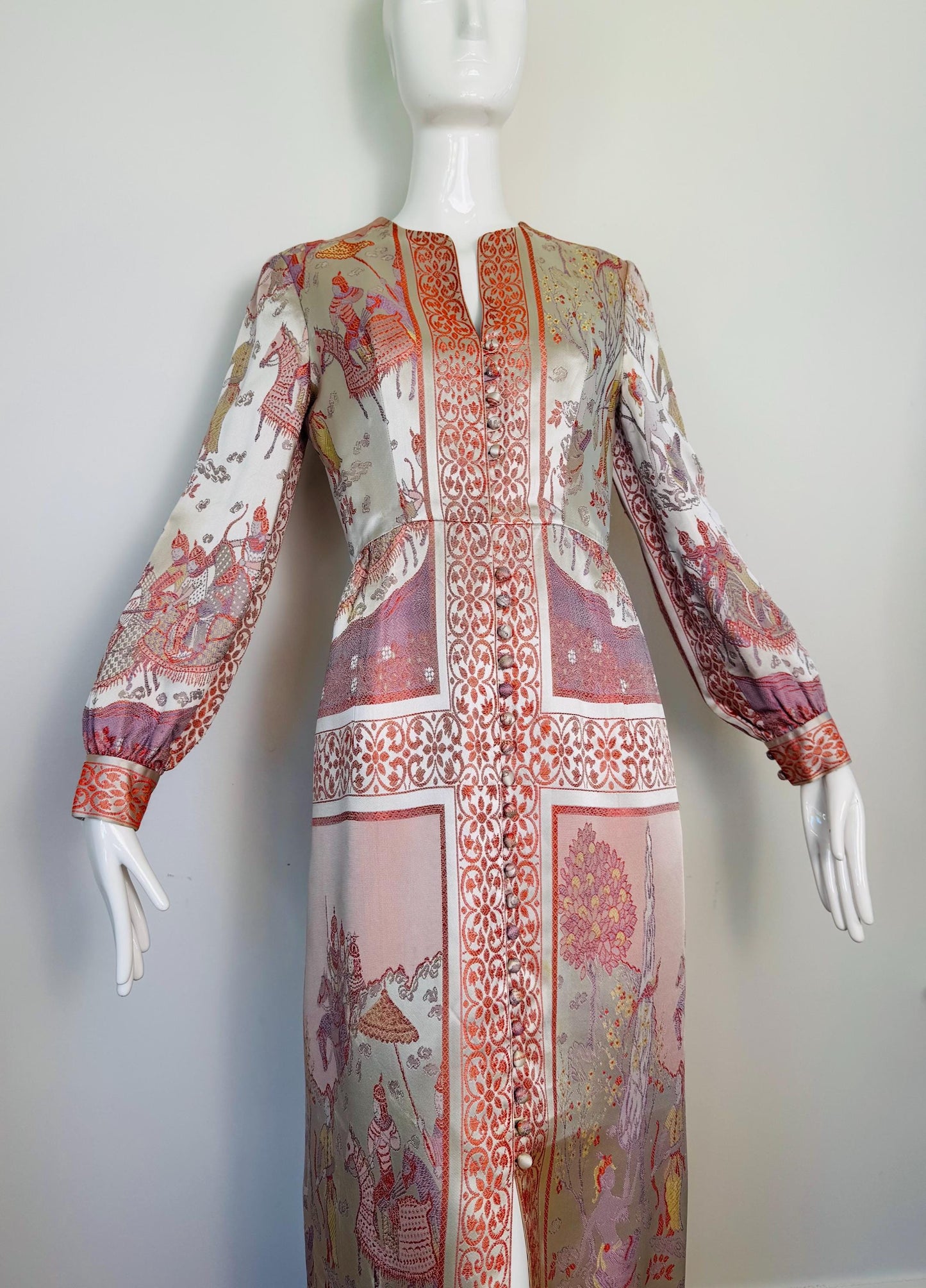 Rare 60s Jon Mandl Silk Jacquard Asian Floral Gown