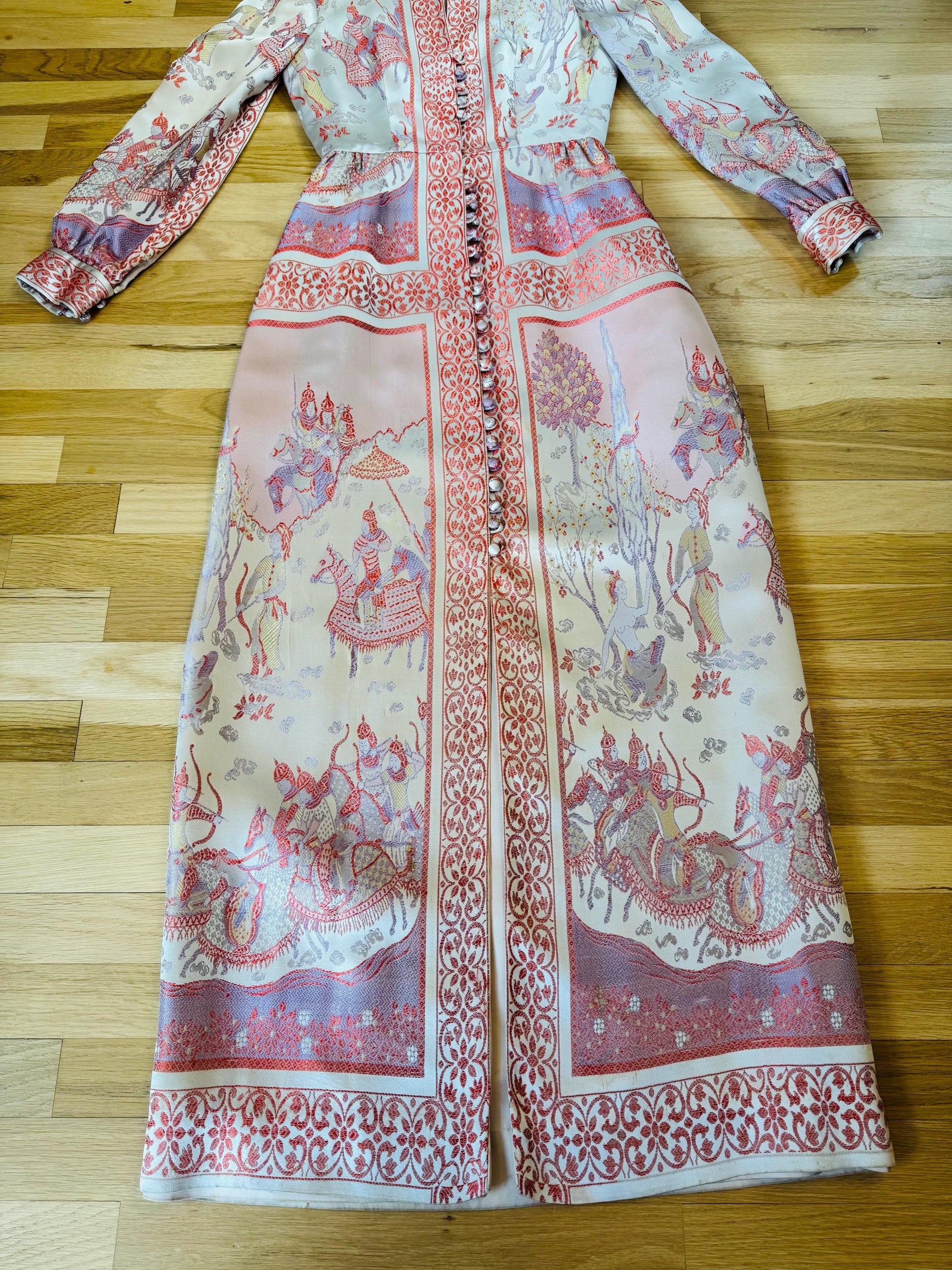Rare 60s Jon Mandl Silk Jacquard Asian Floral Gown