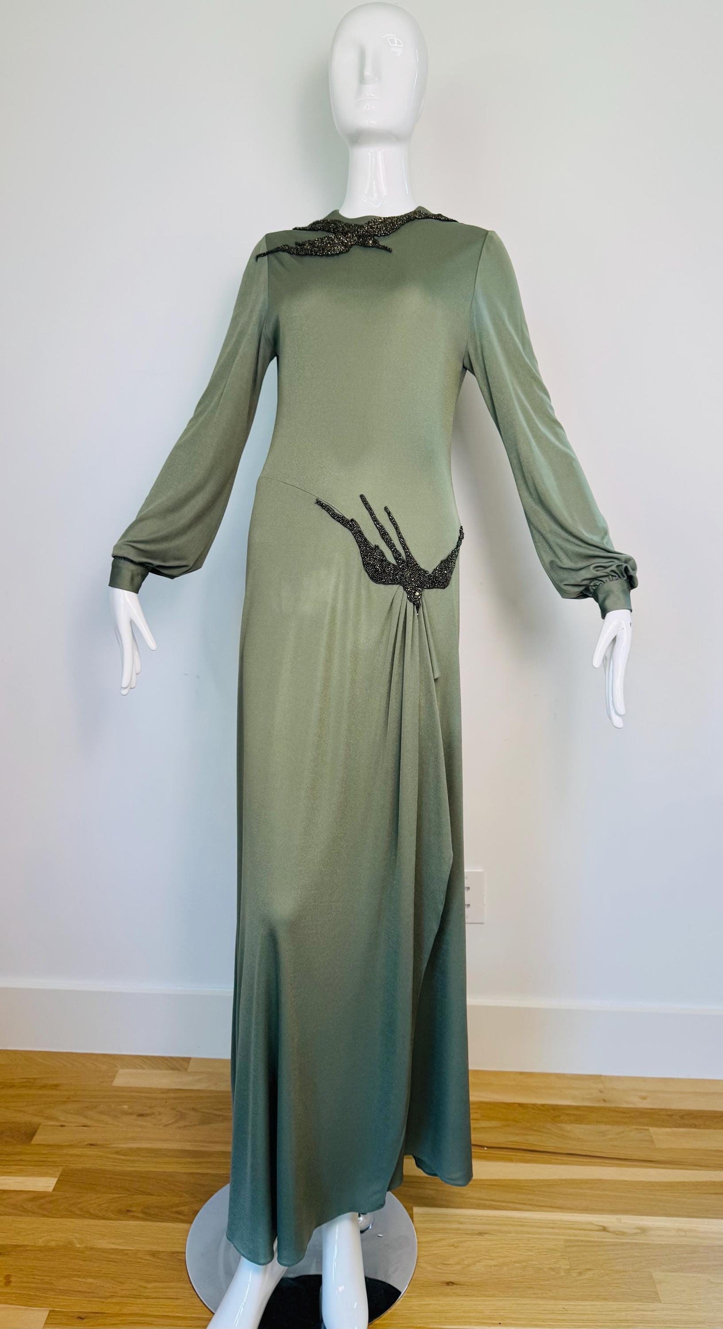 70s John Anthony Silk Jersey Hand Beaded Surrealist Bird Gown