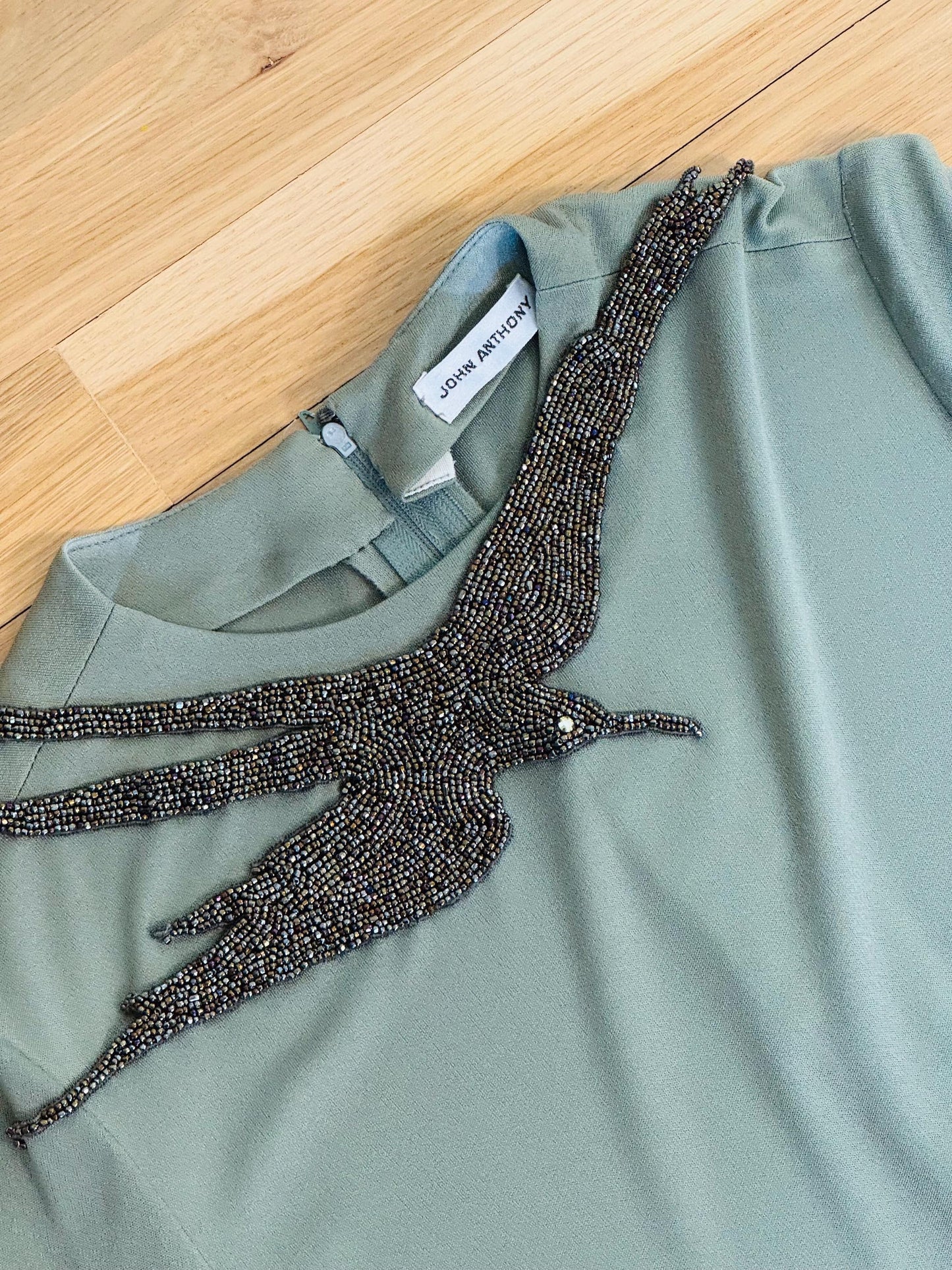 70s John Anthony Silk Jersey Hand Beaded Surrealist Bird Gown