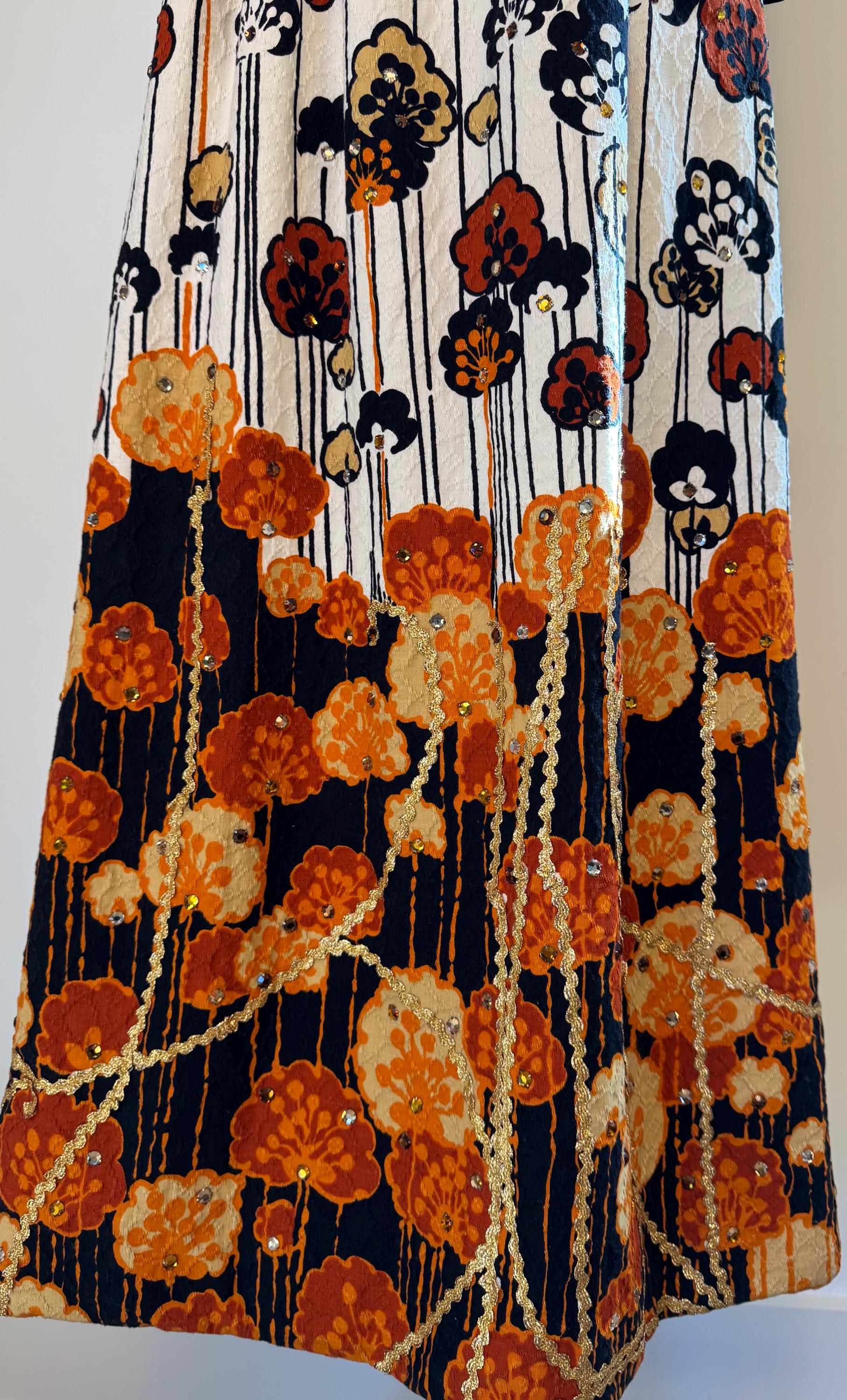 60s Malcolm STARR Rhinestone Floral Print Maxi Dress
