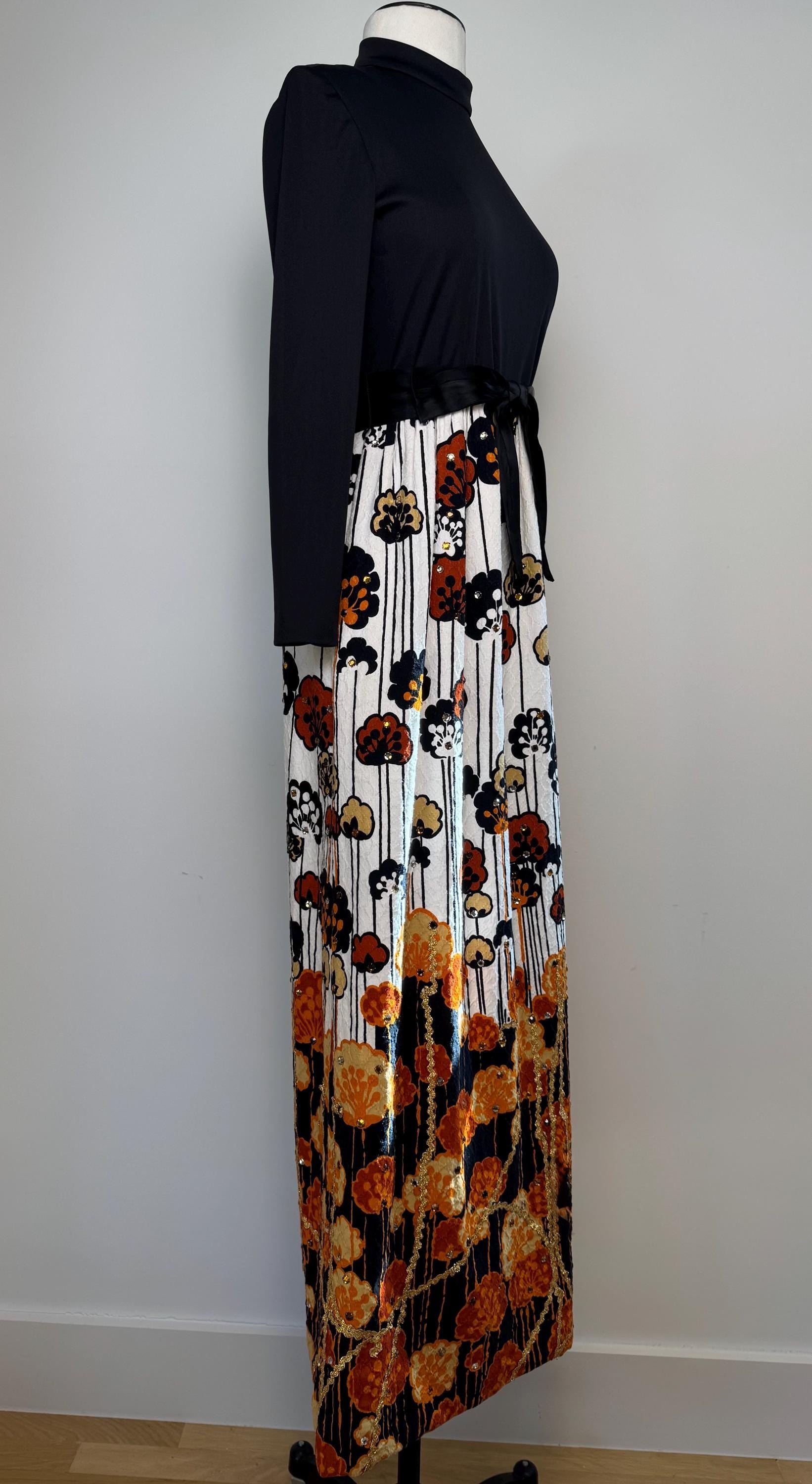 60s Malcolm STARR Rhinestone Floral Print Maxi Dress