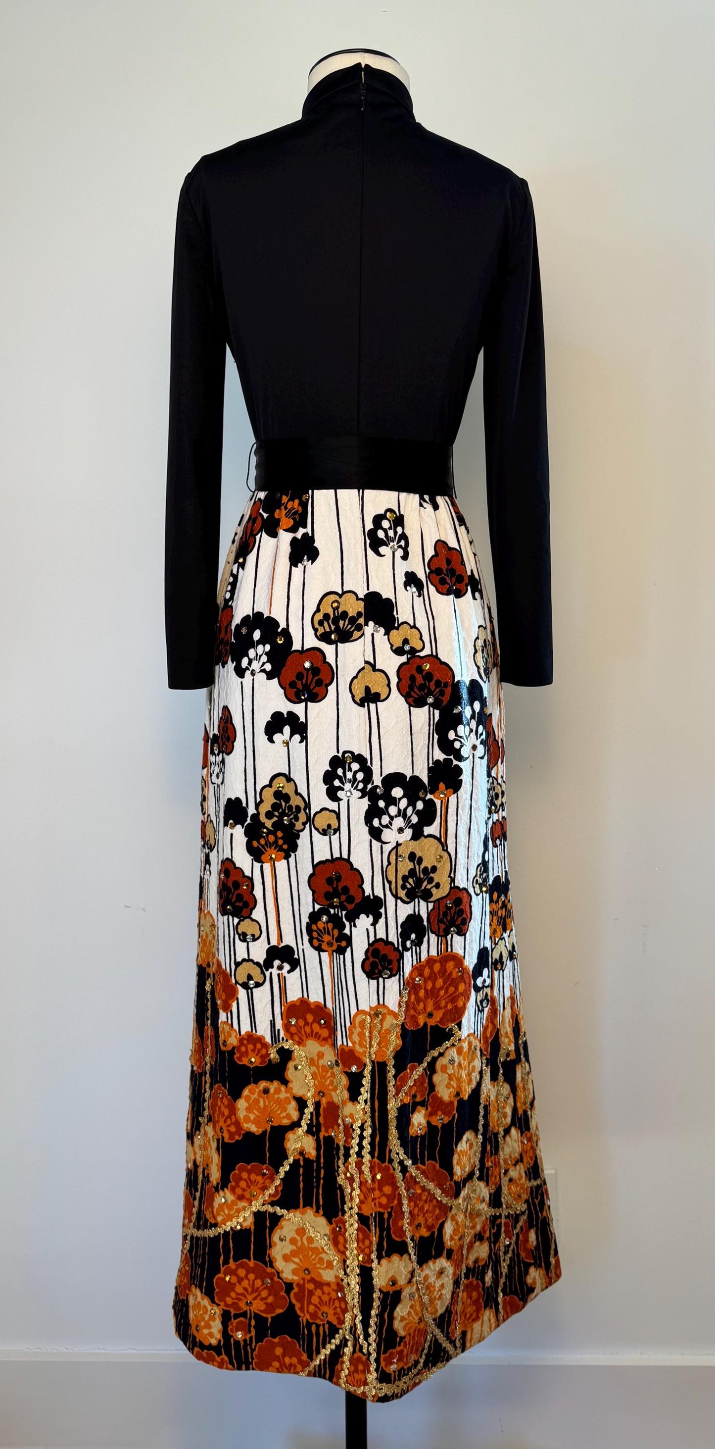 60s Malcolm STARR Rhinestone Floral Print Maxi Dress