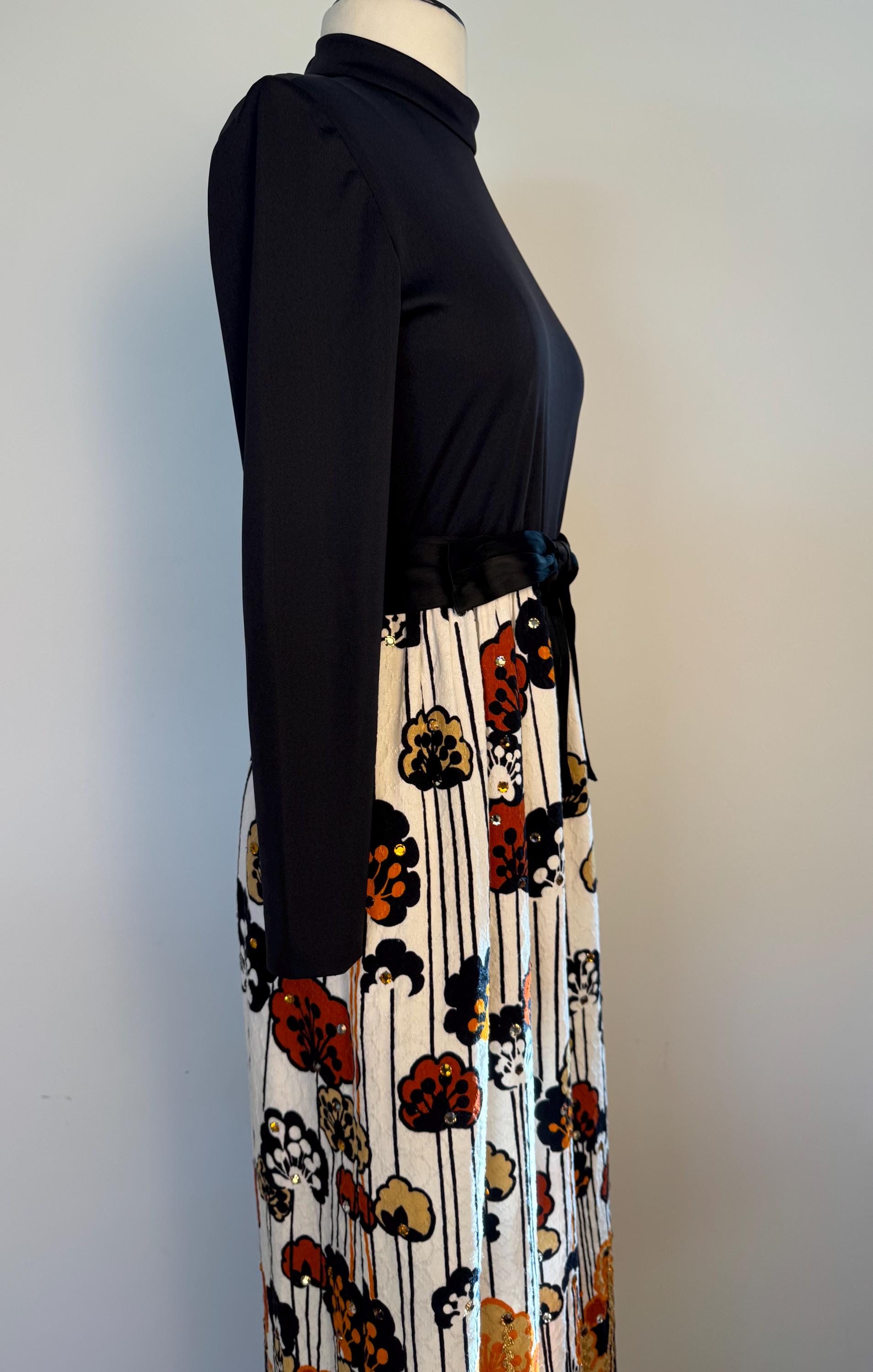 60s Malcolm STARR Rhinestone Floral Print Maxi Dress