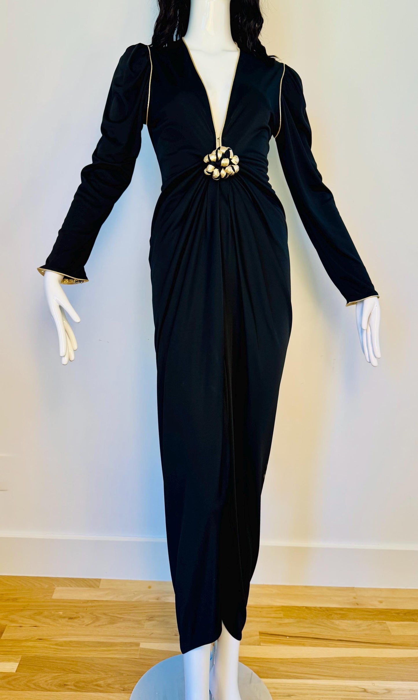 Disco Era Bill Tice Plunging Black and Gold Gown