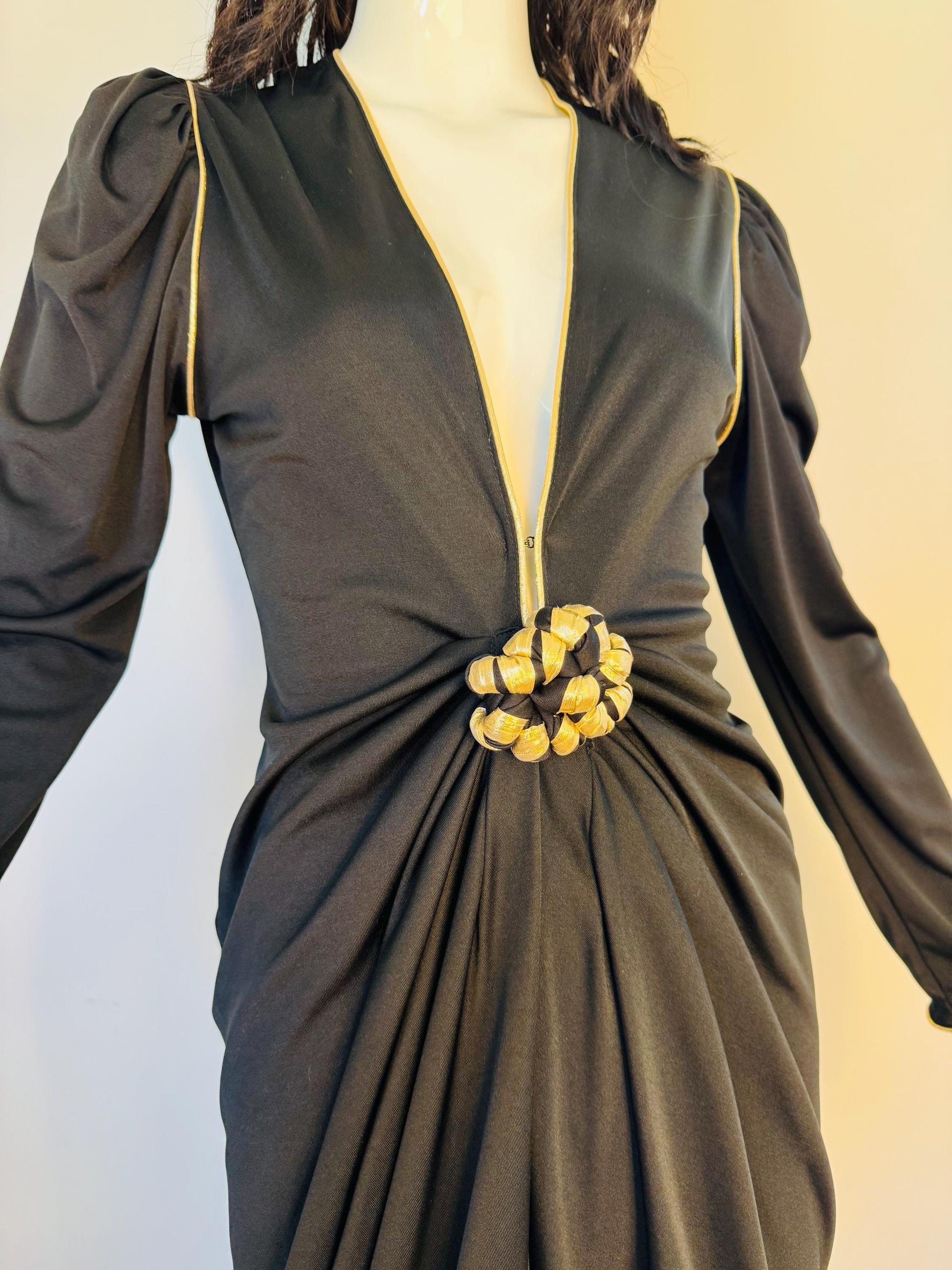 Disco Era Bill Tice Plunging Black and Gold Gown