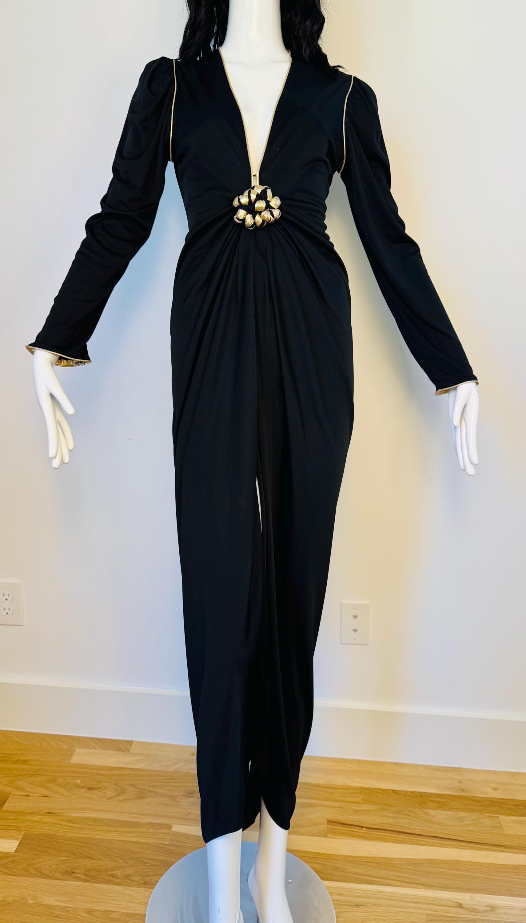 Disco Era Bill Tice Plunging Black and Gold Gown