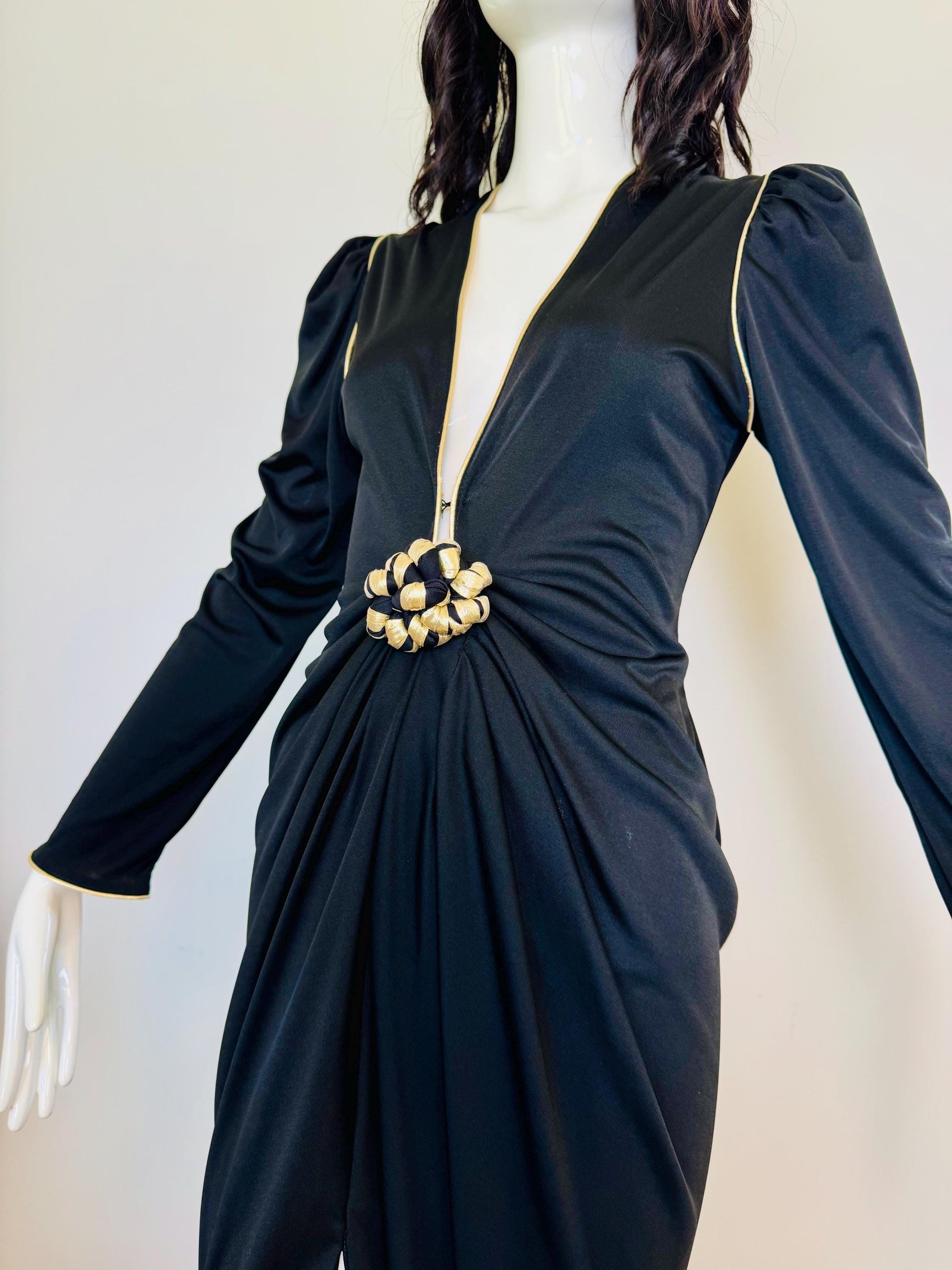 Disco Era Bill Tice Plunging Black and Gold Gown