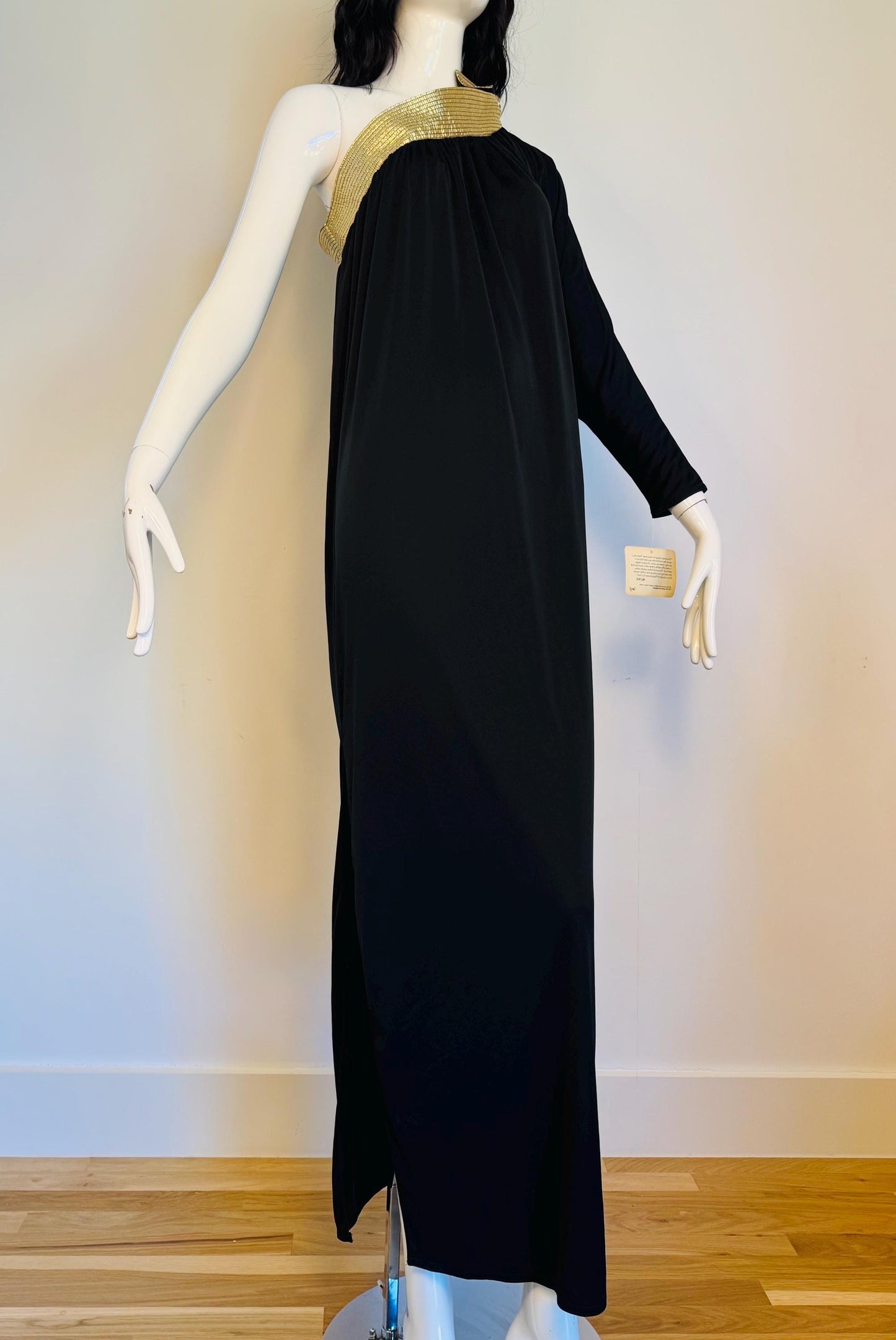 Disco Era Bill Tice One Shoulder Black and Gold Gown NWT