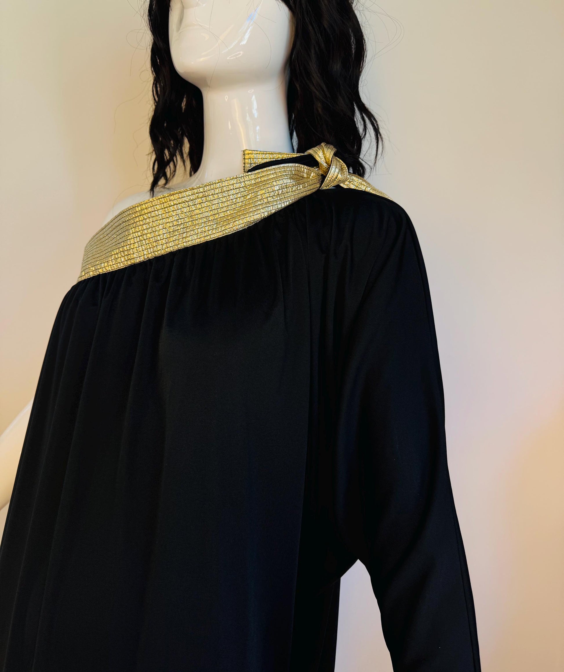 Disco Era Bill Tice One Shoulder Black and Gold Gown NWT