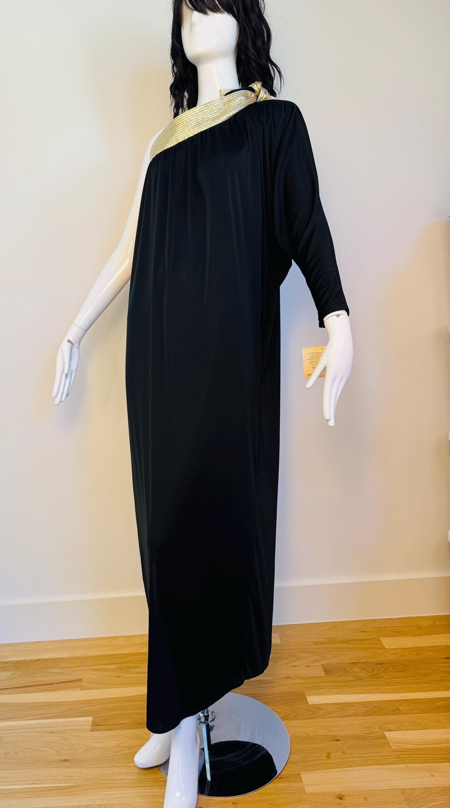 Disco Era Bill Tice One Shoulder Black and Gold Gown NWT