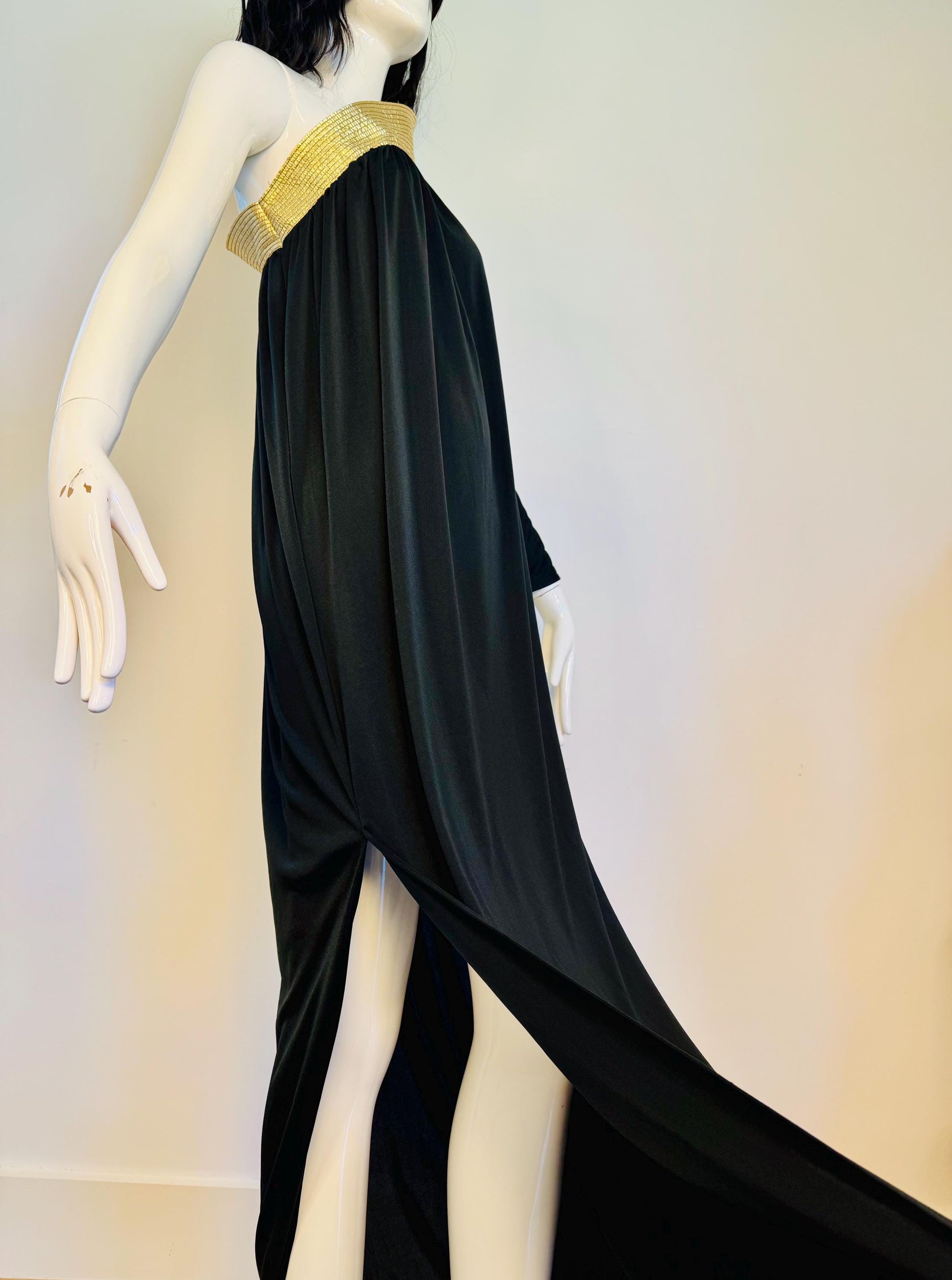 Disco Era Bill Tice One Shoulder Black and Gold Gown NWT