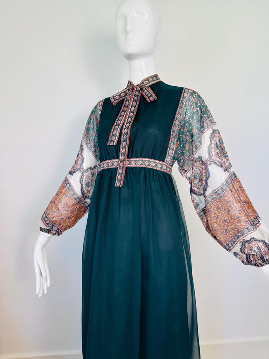 70s AJ Bari Paisley Print Chiffon Maxi Dress Petite