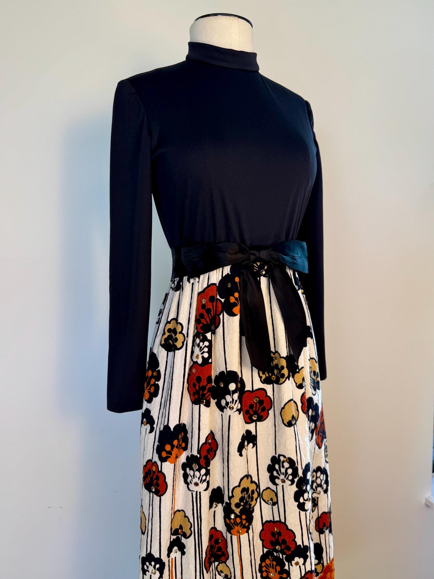 60s Malcolm STARR Rhinestone Floral Print Maxi Dress