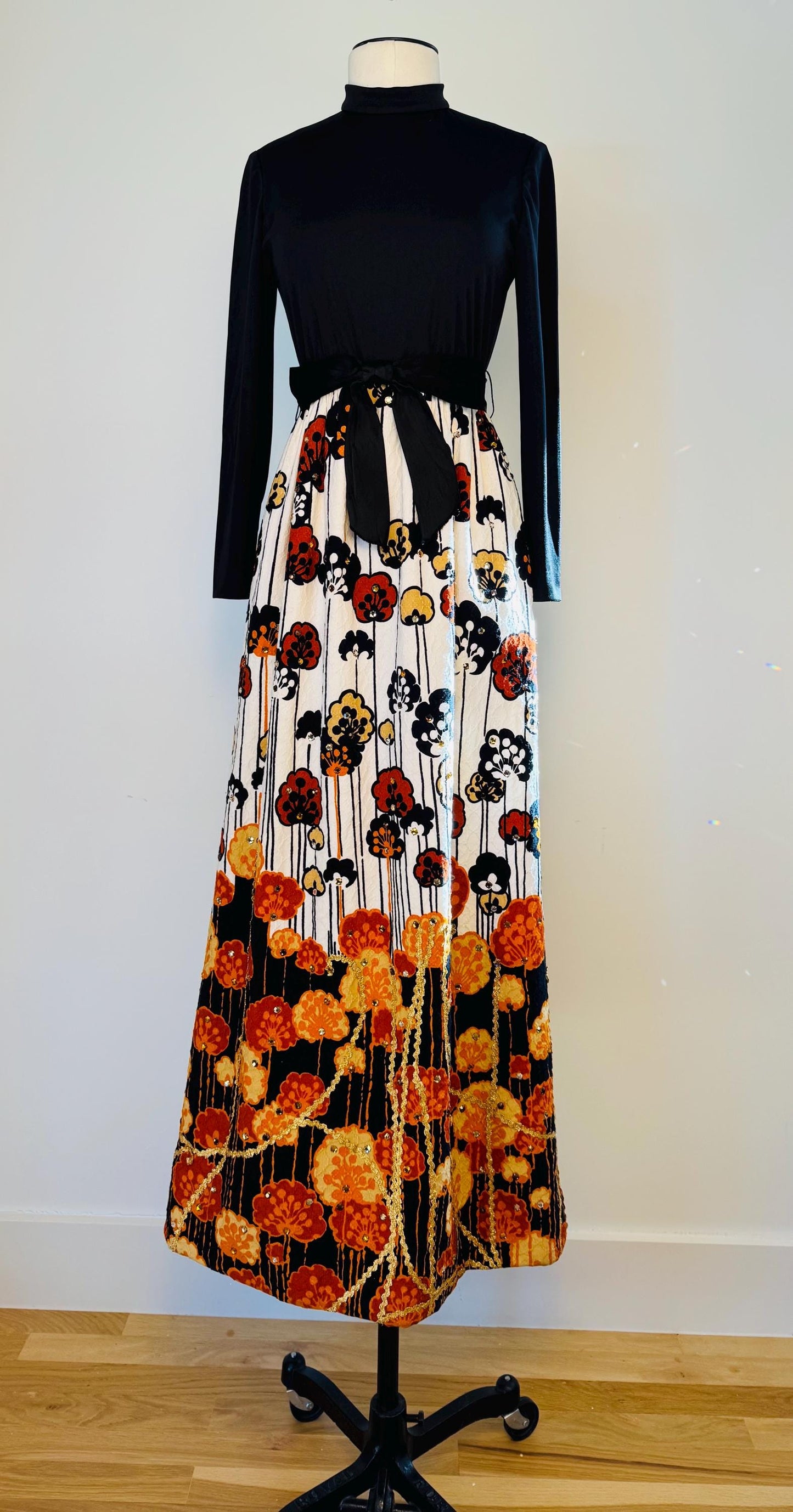 60s Malcolm STARR Rhinestone Floral Print Maxi Dress