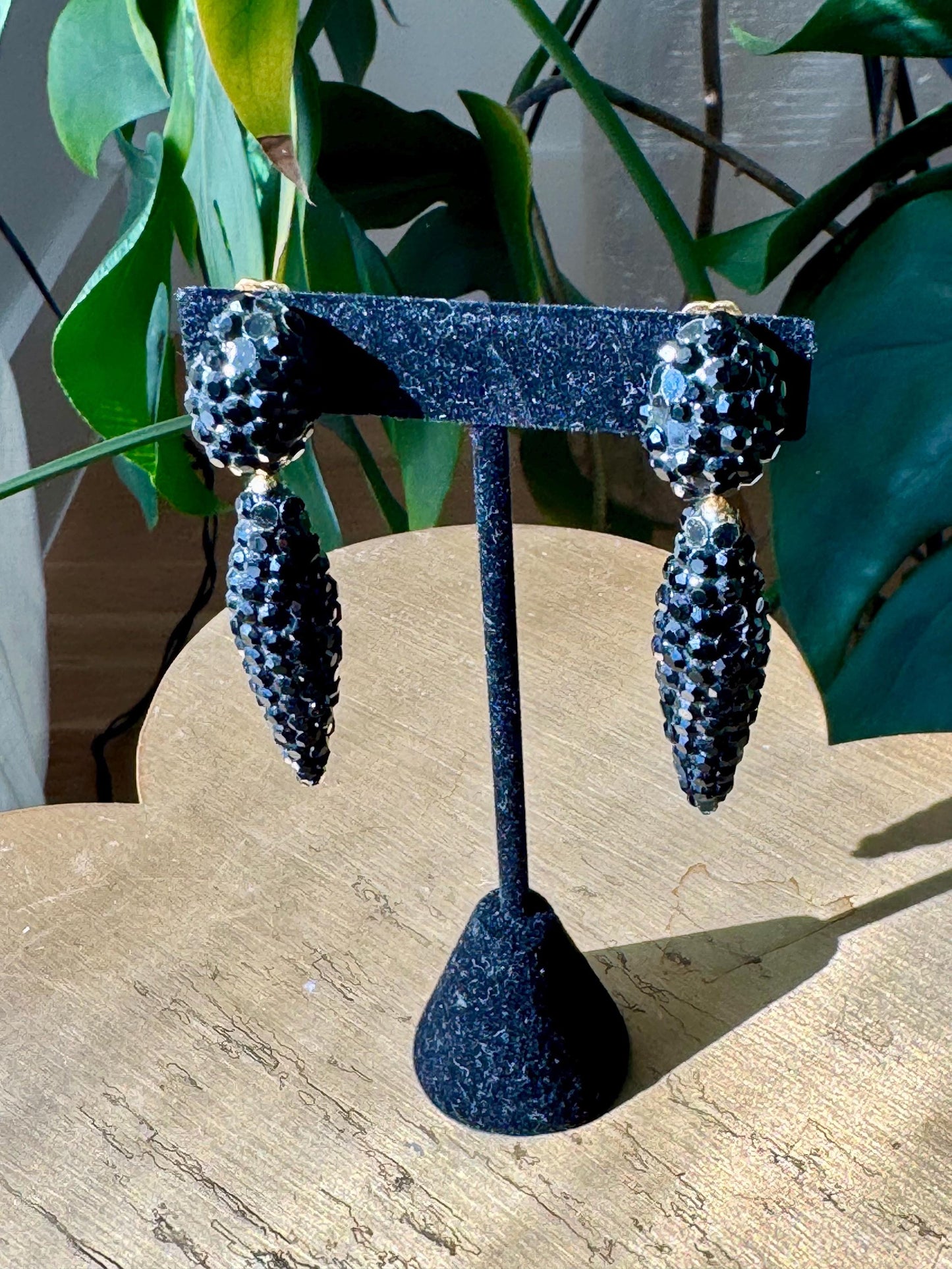 70s Richard Kerr Black Crystal Rhinestone Pave Statement Earrings