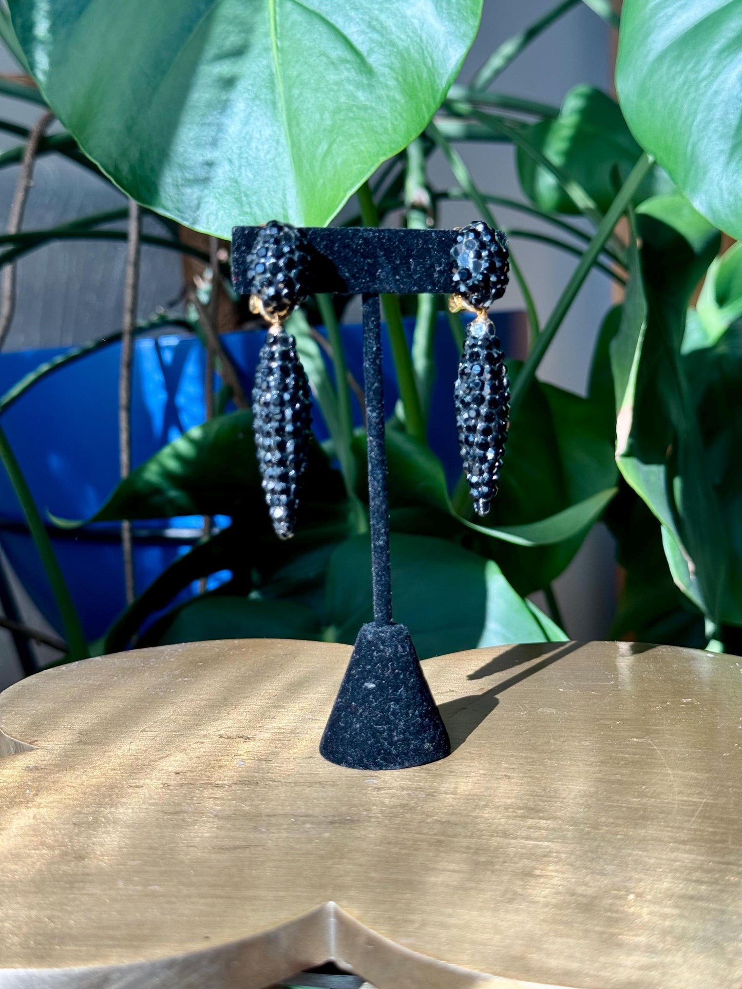 70s Richard Kerr Black Crystal Rhinestone Pave Statement Earrings