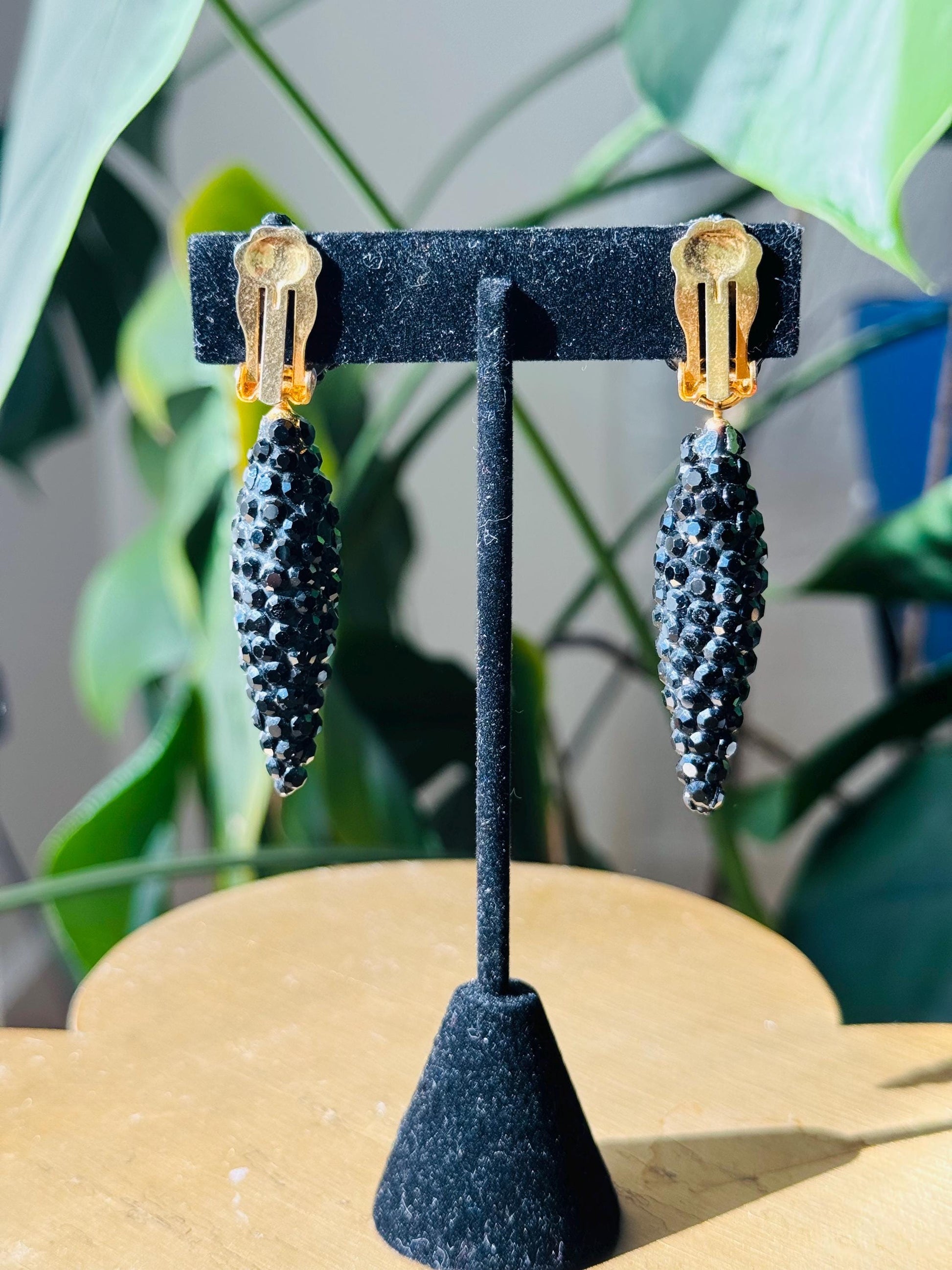 70s Richard Kerr Black Crystal Rhinestone Pave Statement Earrings