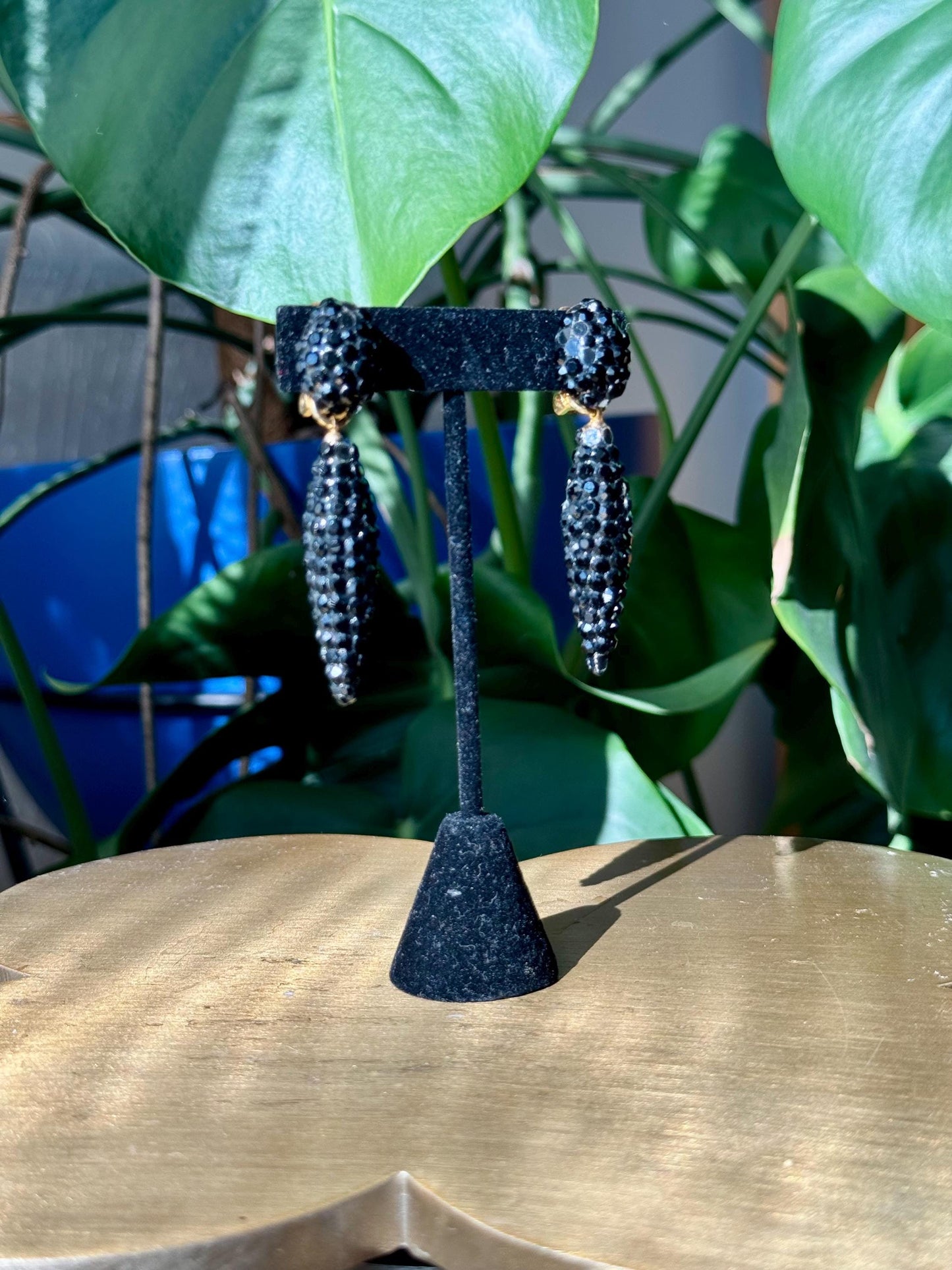 70s Richard Kerr Black Crystal Rhinestone Pave Statement Earrings