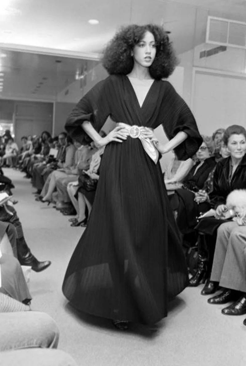 70s HALSTON IV Black Plisse Wrap Dress