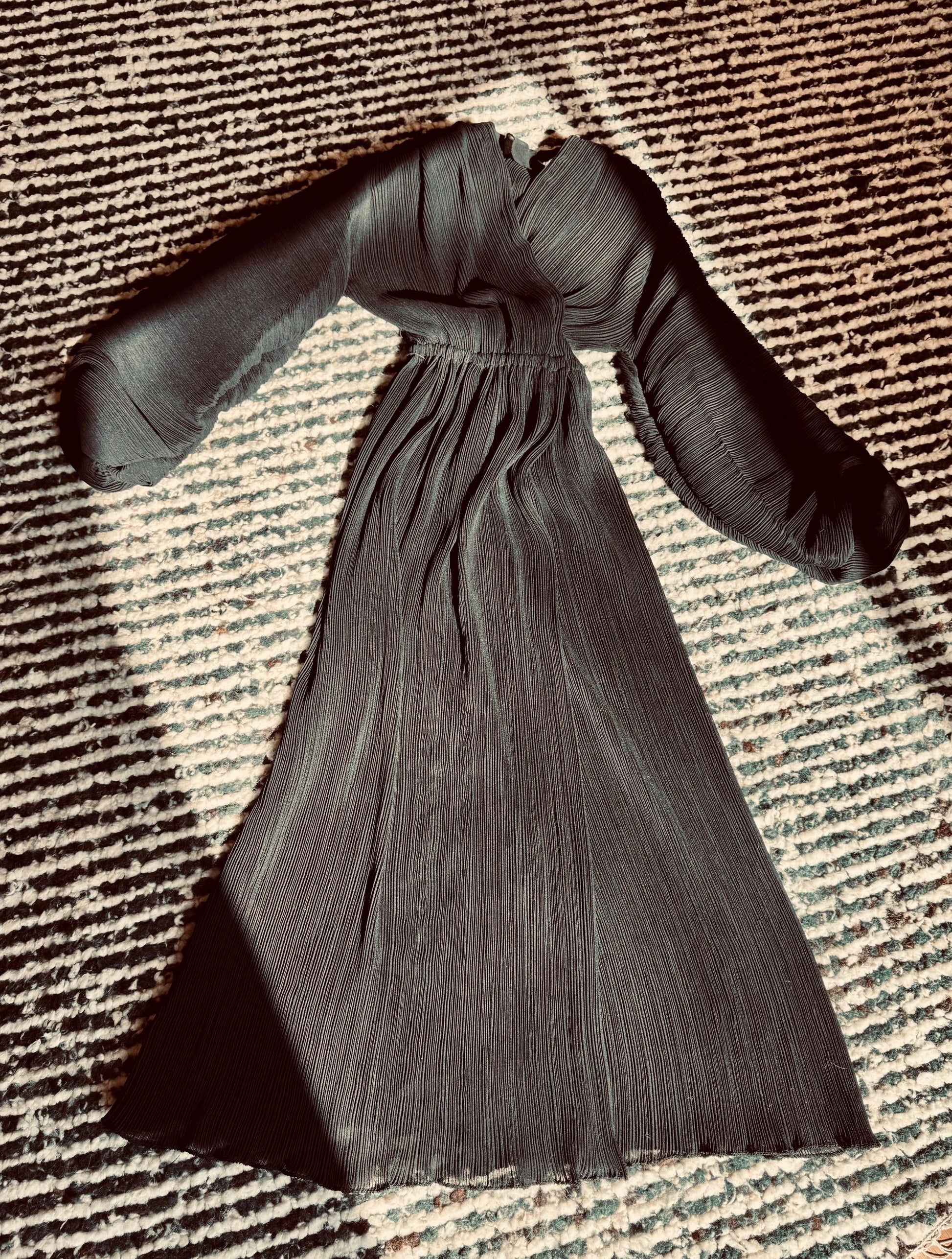70s HALSTON IV Black Plisse Wrap Dress