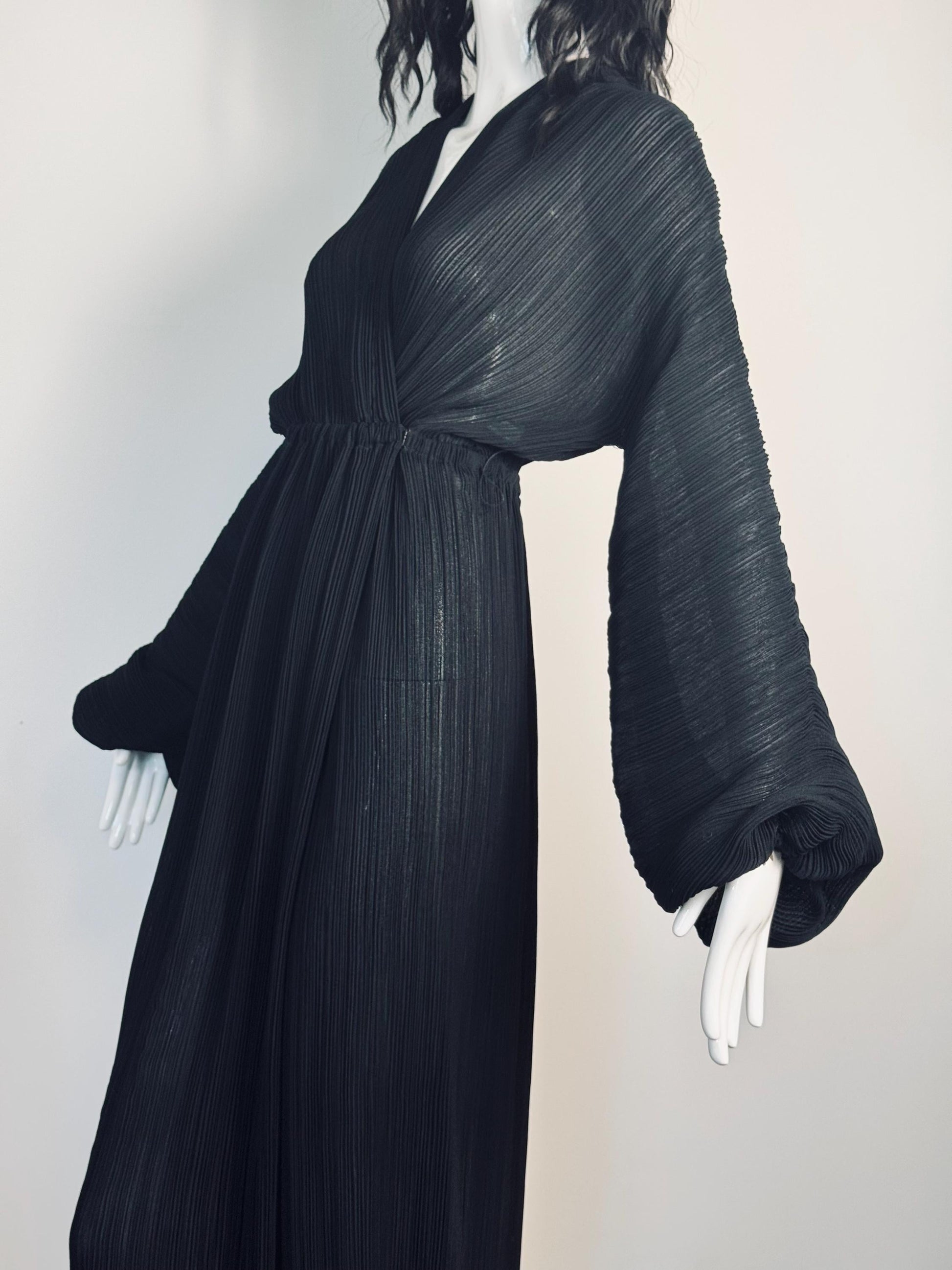 70s HALSTON IV Black Plisse Wrap Dress