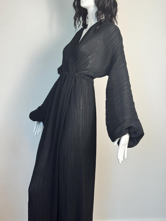 70s HALSTON IV Black Plisse Wrap Dress
