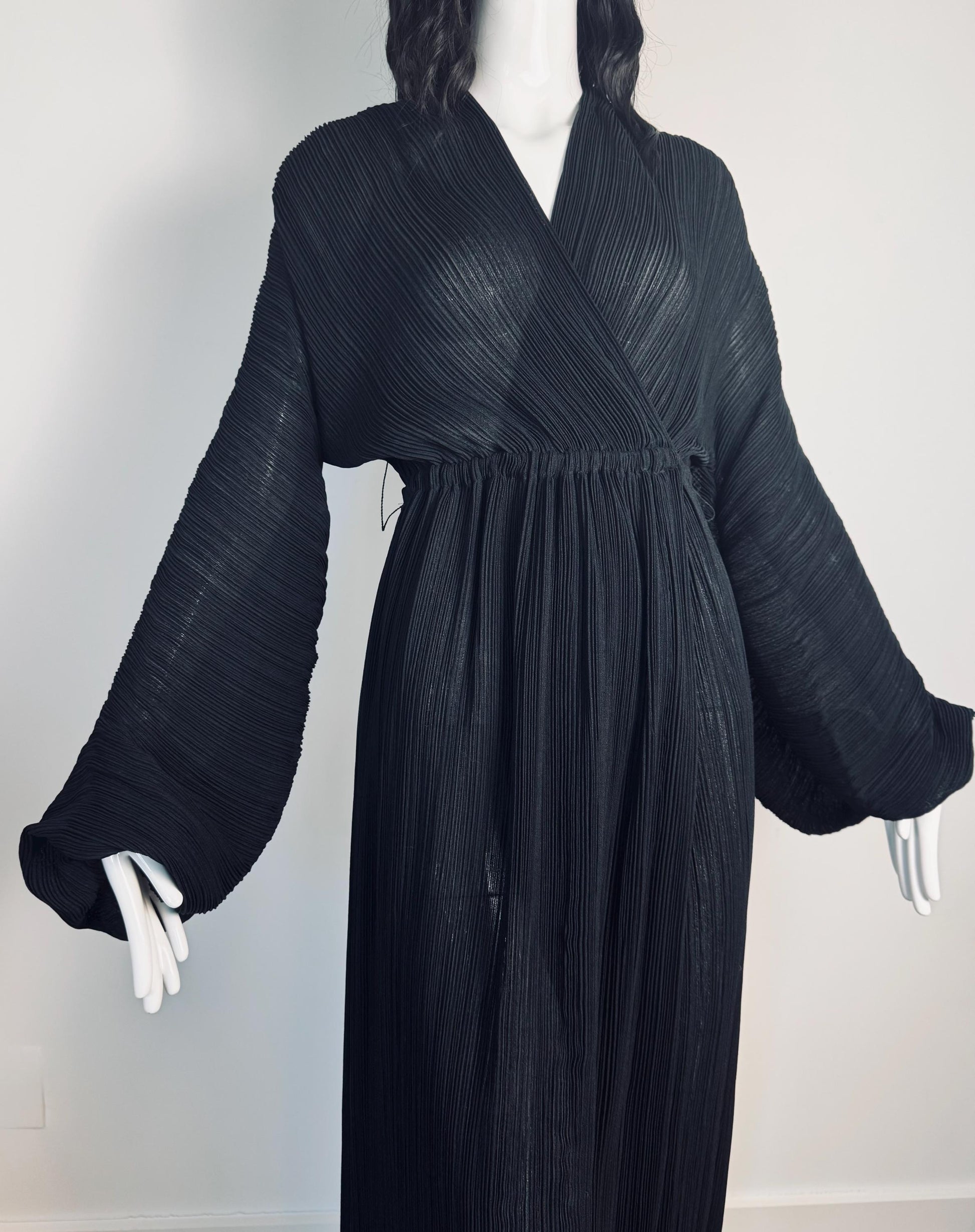 70s HALSTON IV Black Plisse Wrap Dress