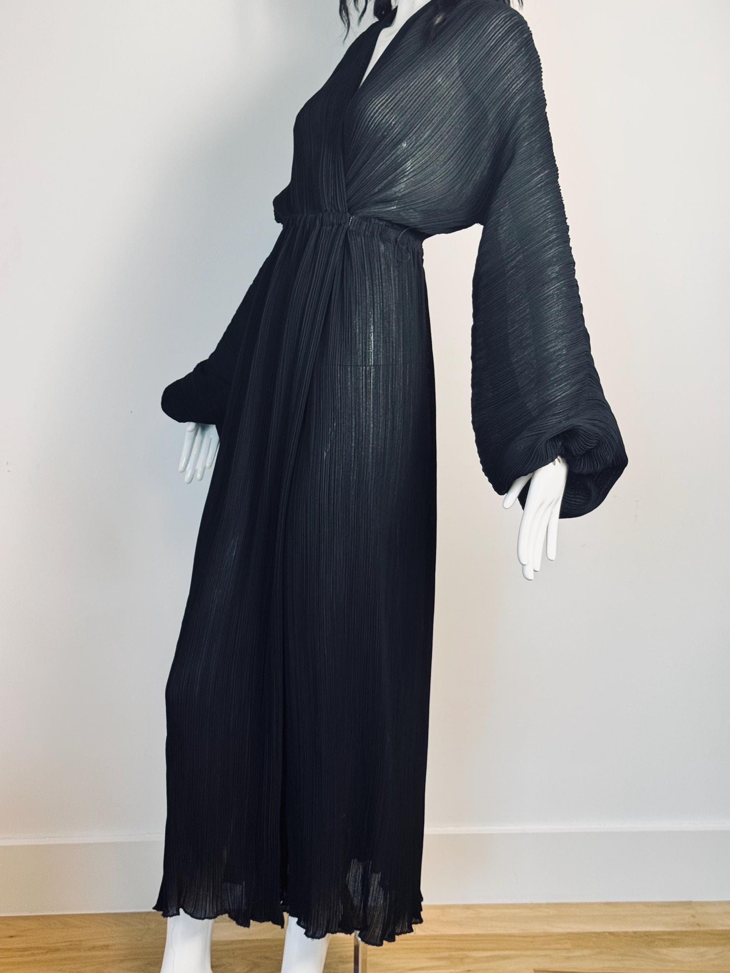 70s HALSTON IV Black Plisse Wrap Dress