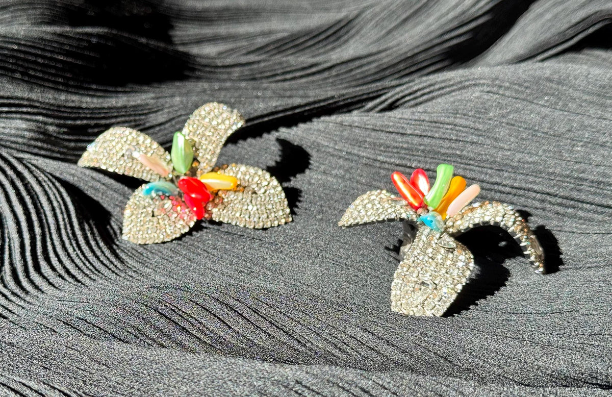 80s Iradj Moini Massive Rhinestone and Glass Flower Earrings