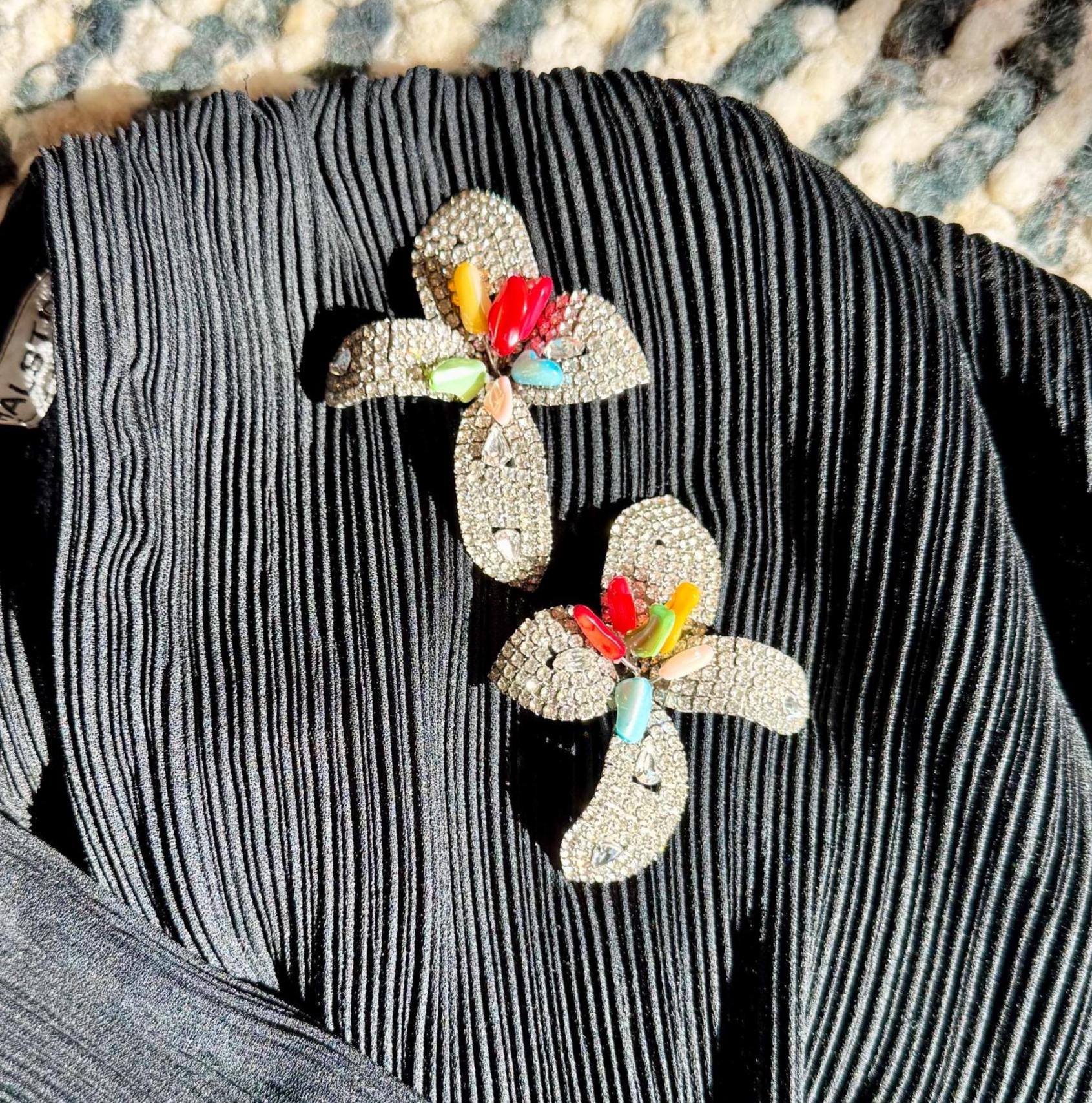 80s Iradj Moini Massive Rhinestone and Glass Flower Earrings