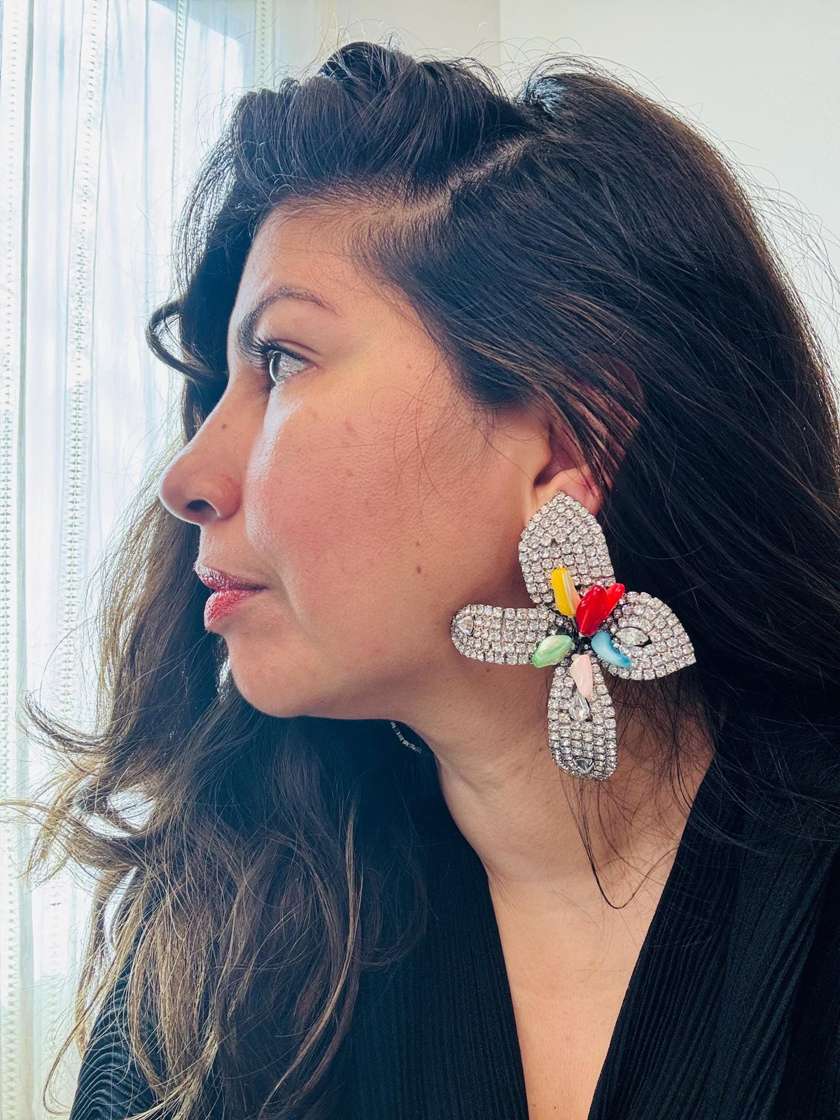 80s Iradj Moini Massive Rhinestone and Glass Flower Earrings