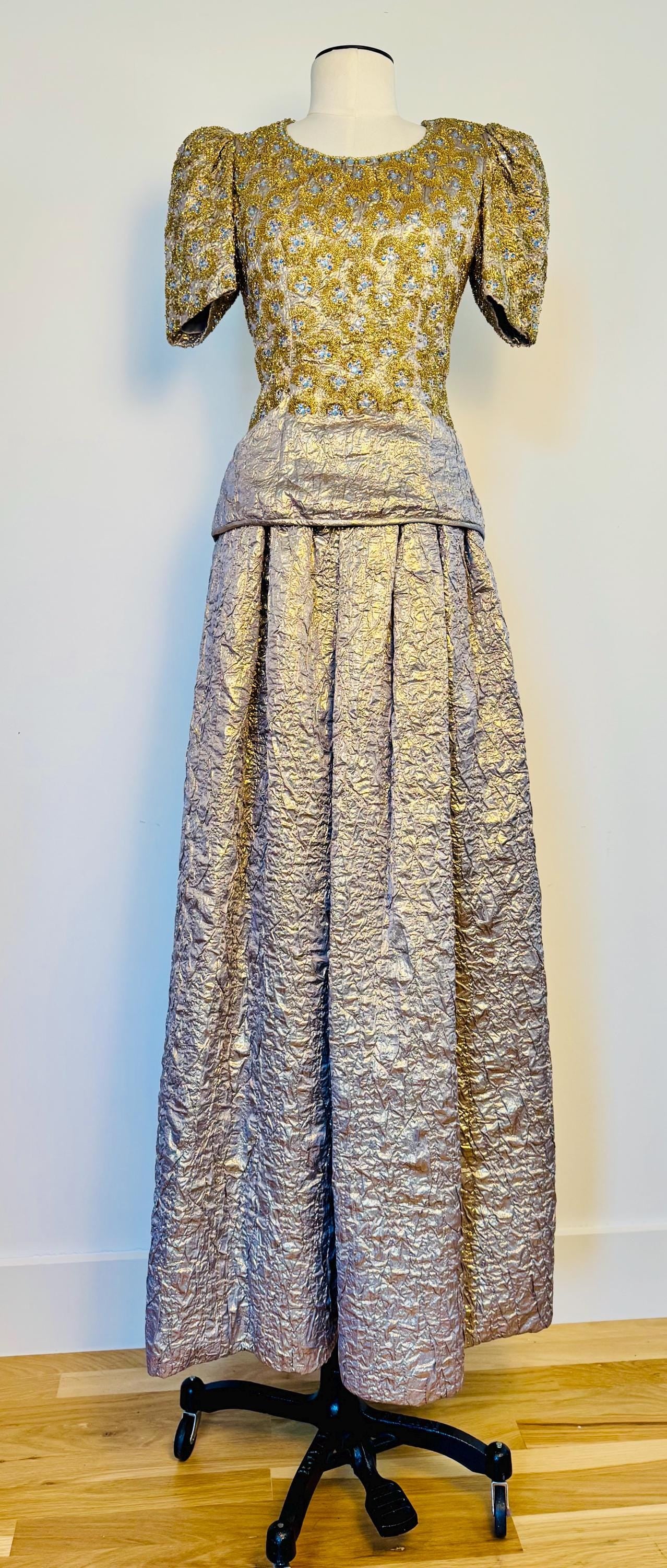 1979 Regal Adolfo Runway Silk Metallic Embellished Skirt and Top Ensemble Gown
