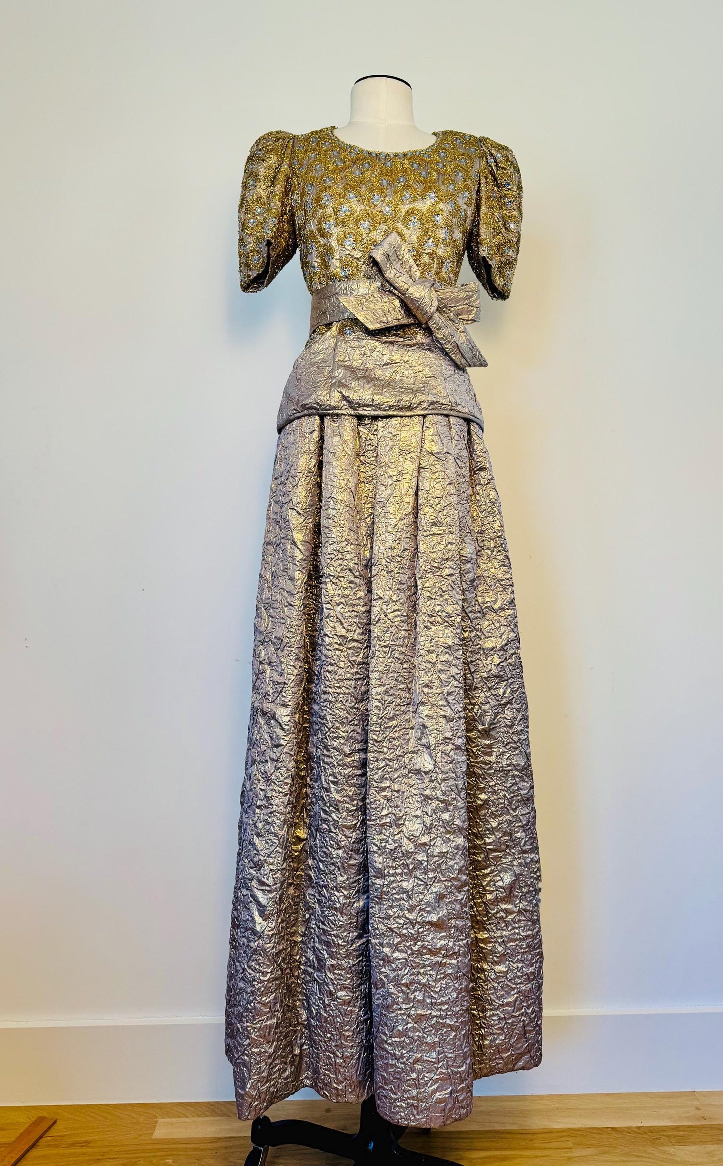 1979 Regal Adolfo Runway Silk Metallic Embellished Skirt and Top Ensemble Gown