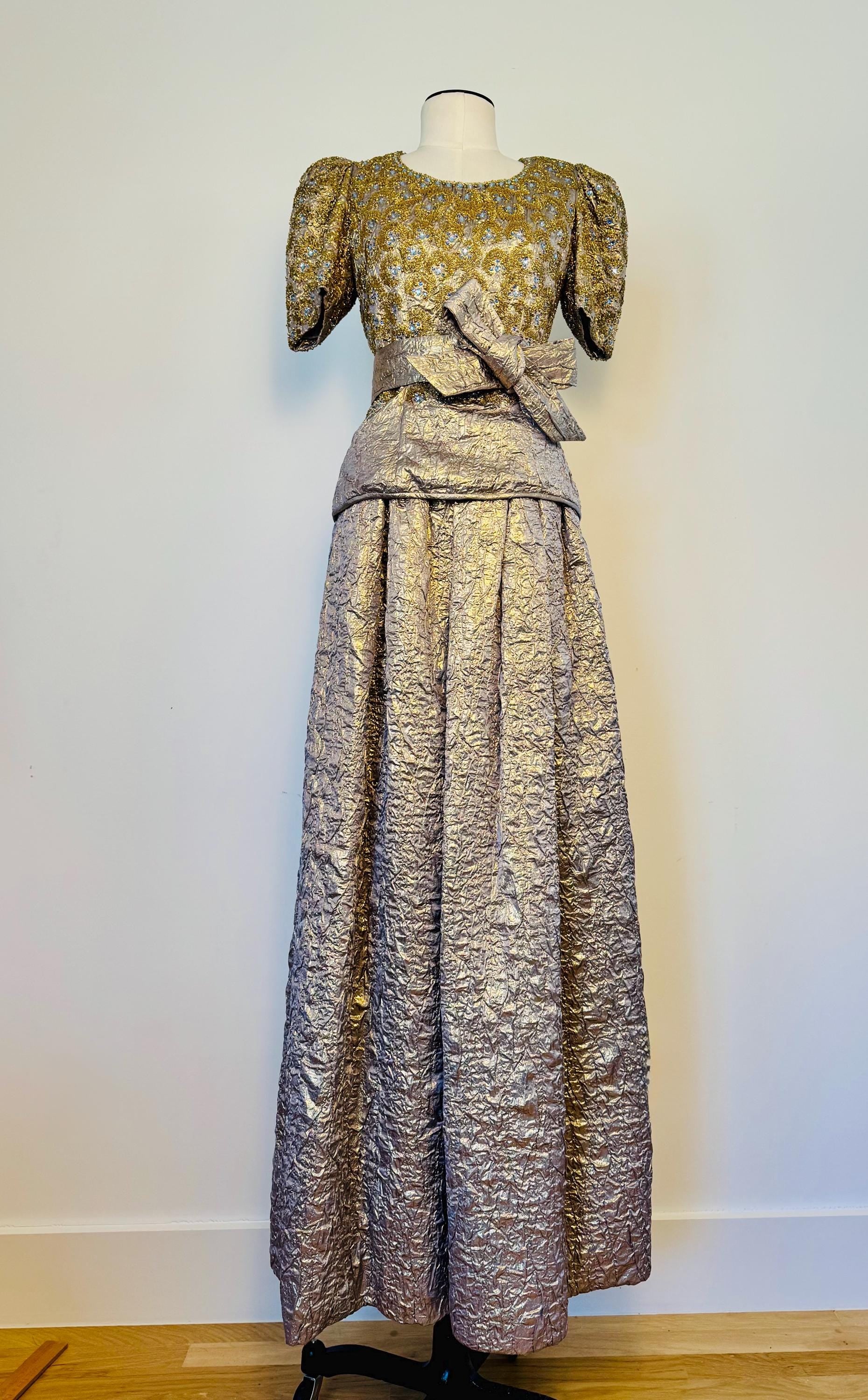 1979 Regal Adolfo Runway Silk Metallic Embellished Skirt and Top Ensemble Gown